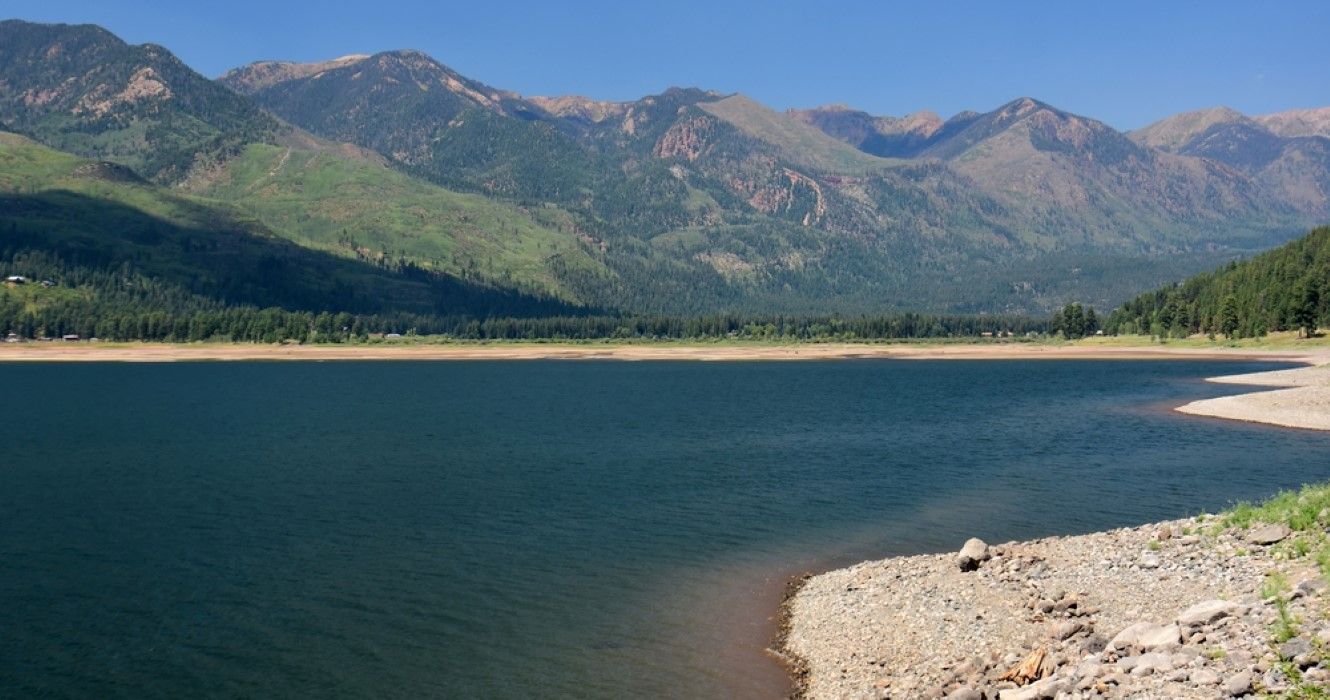 Vallecito Reservoir and surrounding mountain peaks in the San Juan National Forest near Durango, Colorado