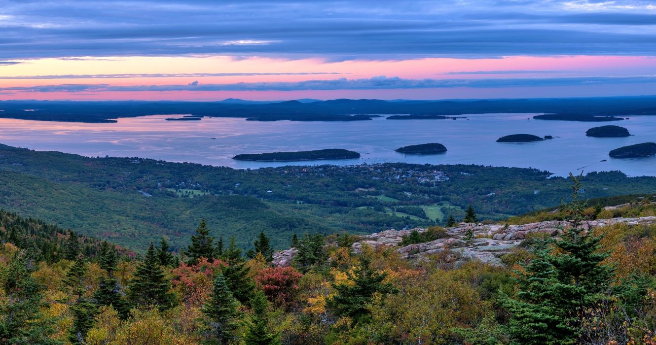 A panoramic overview of Bar Harbor and its islands at Frenchman Bay, Bar Harbor Maine