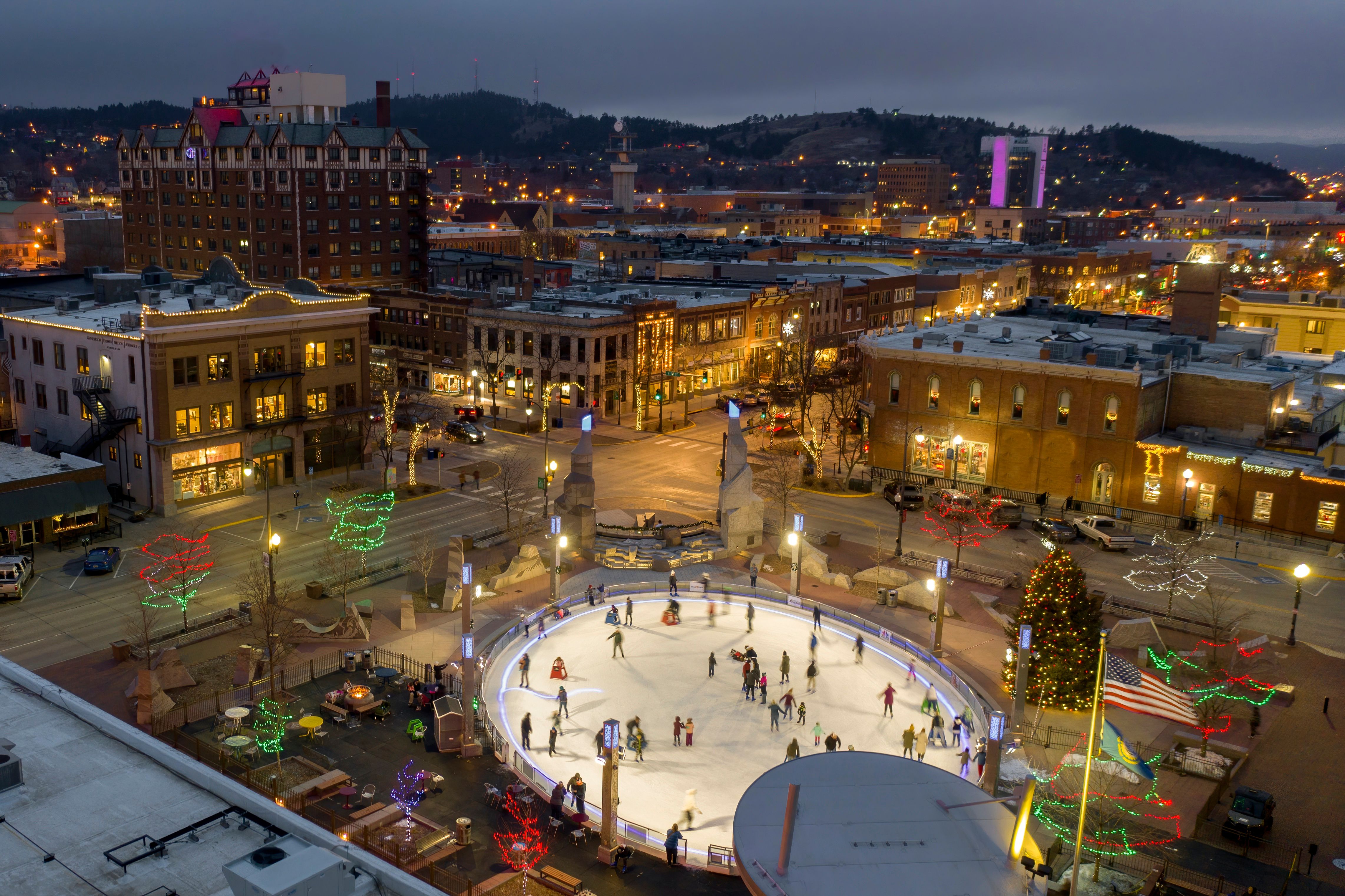 Aerial View of Christmas Lights in Rapid City, South Dakota at Dusk