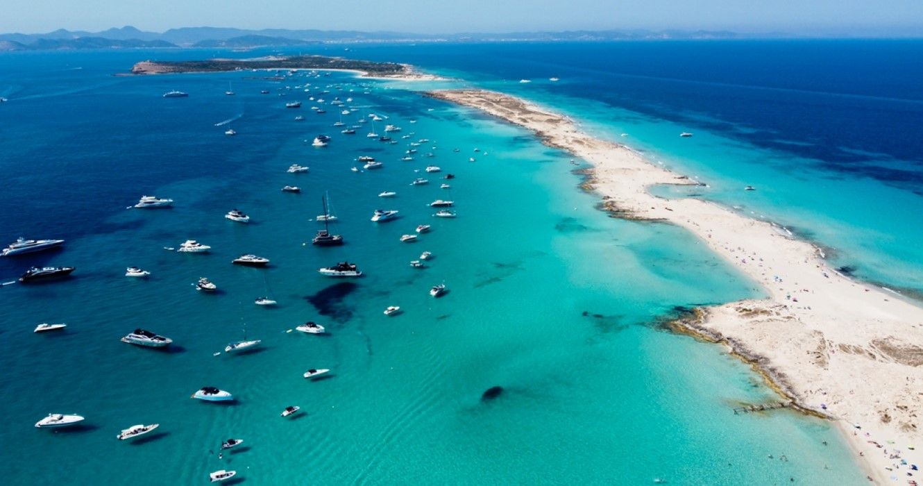 Aerial view of Ses Illetes beach on the island of Formentera, Spain