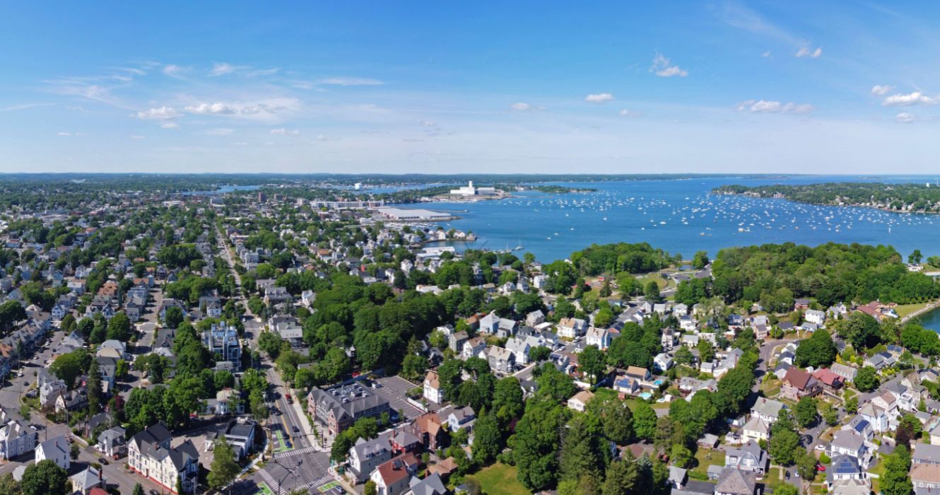 Aerial view panorama of Salem historic city center and Salem Harbor in town of Salem
