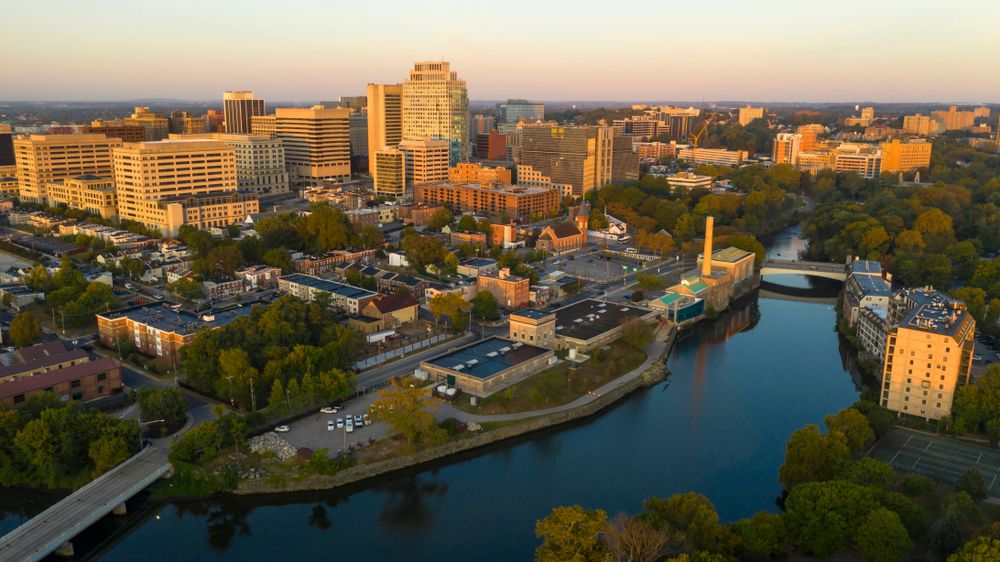 Aerial view of the incredible buildings and architecture of downtown Wilmington.