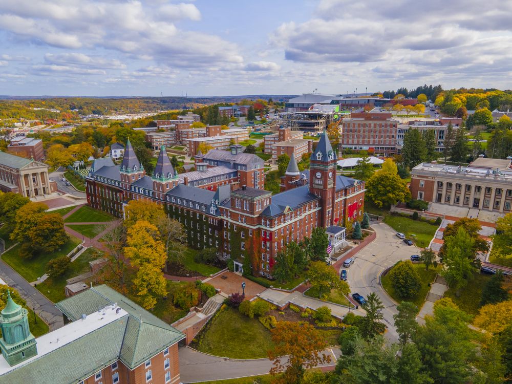 Aerial view of O'Kane Hall in Worcester, MA.