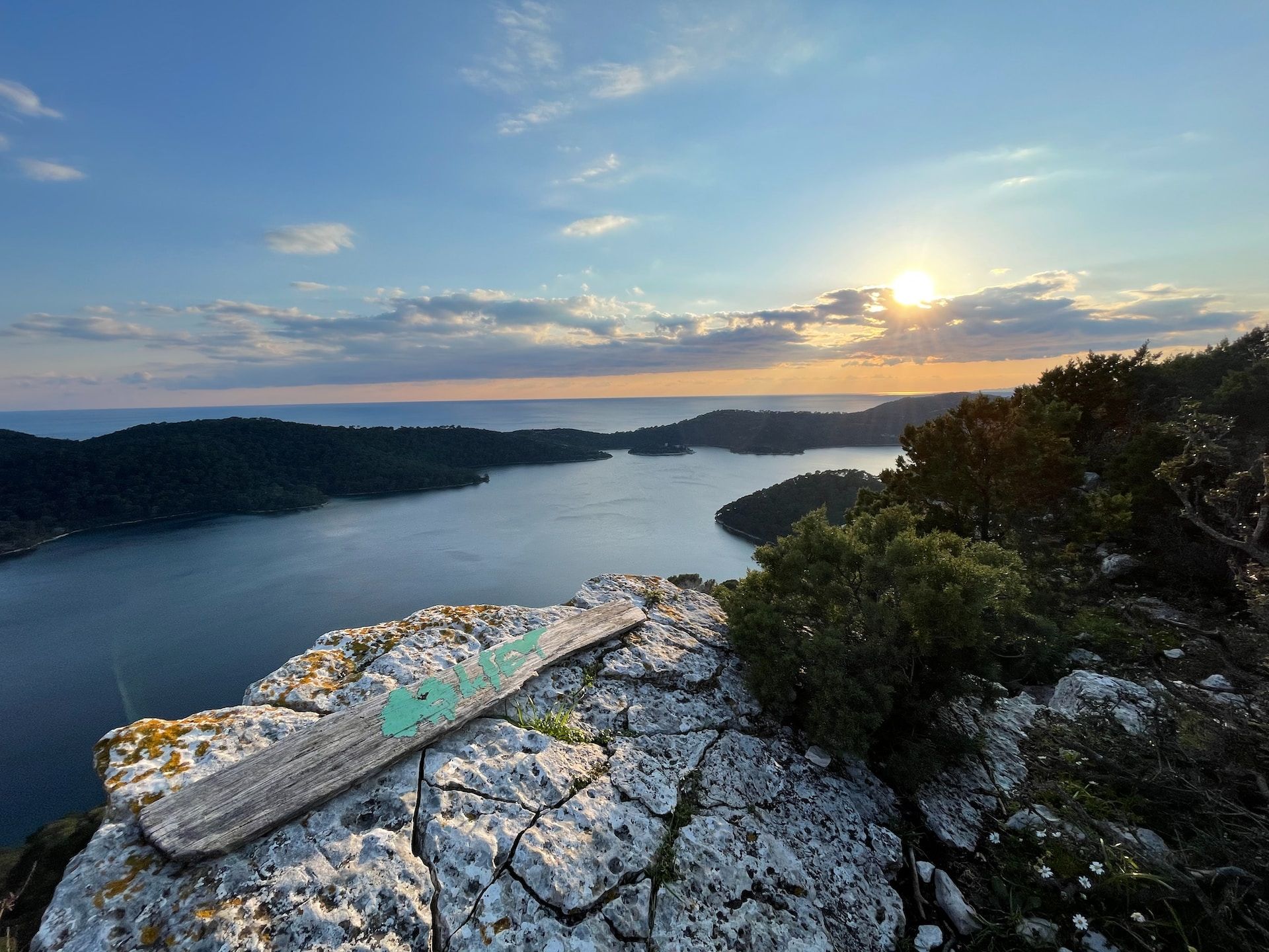 Sunset overlooking lake from a mountain in Mljet National Park