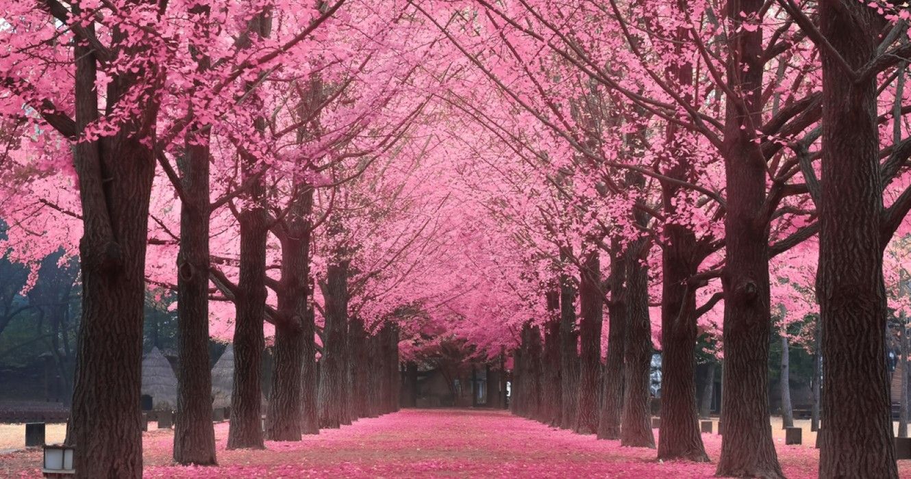 Beautiful pink trees on Nami Island in South Korea during spring