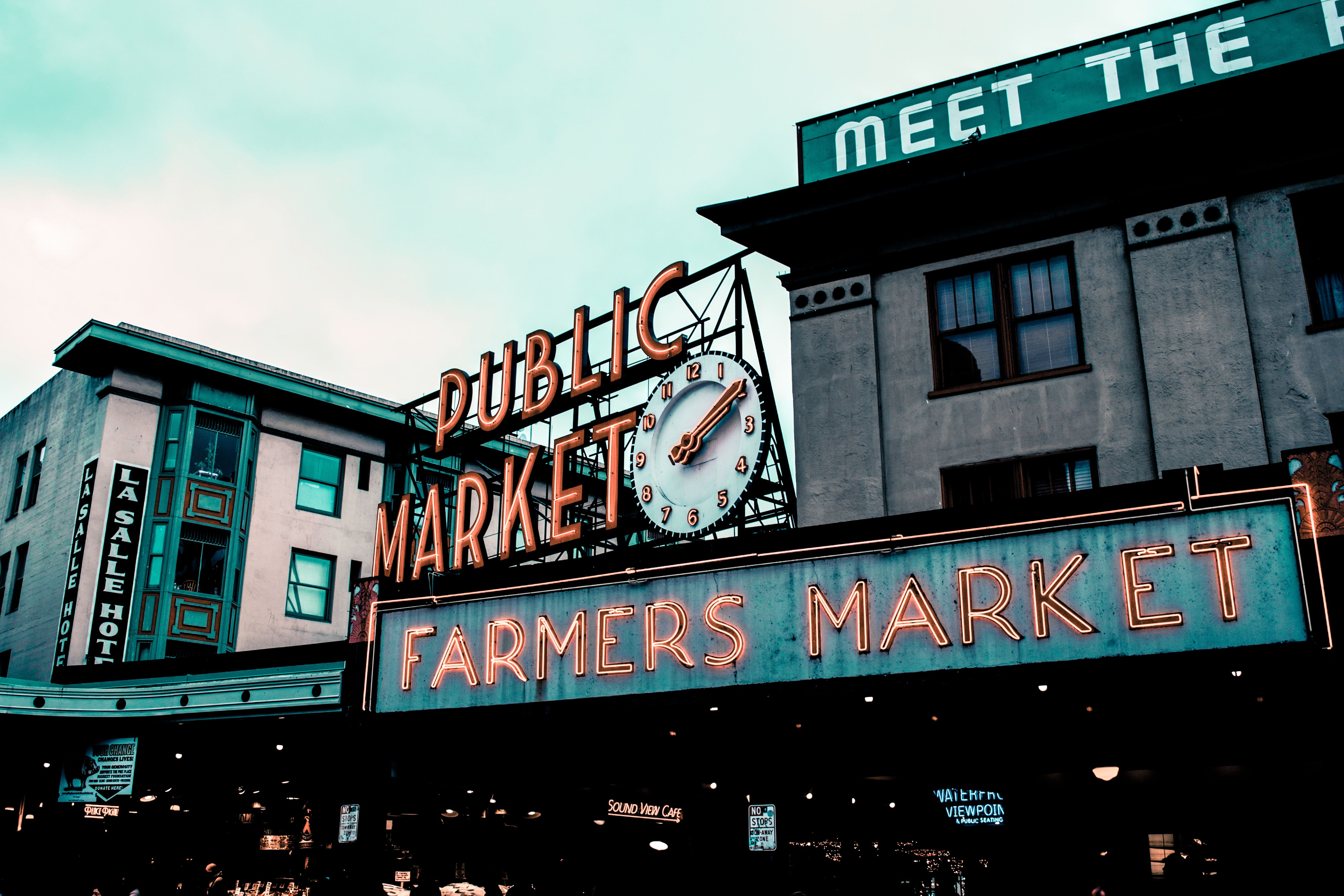 Pike Place Market sign against the sky in Seattle