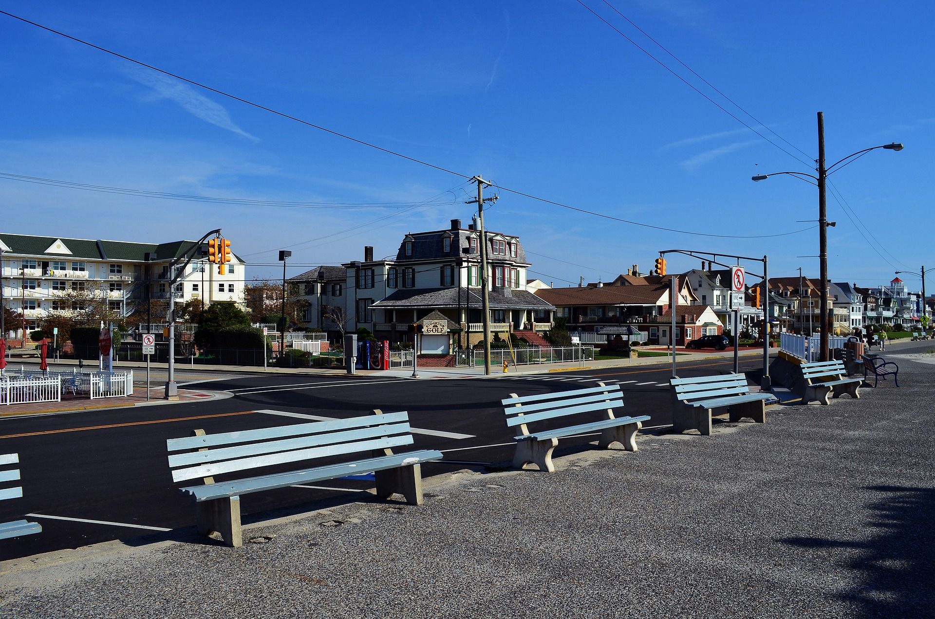 Benches by the ocean in Cape May, New Jersey