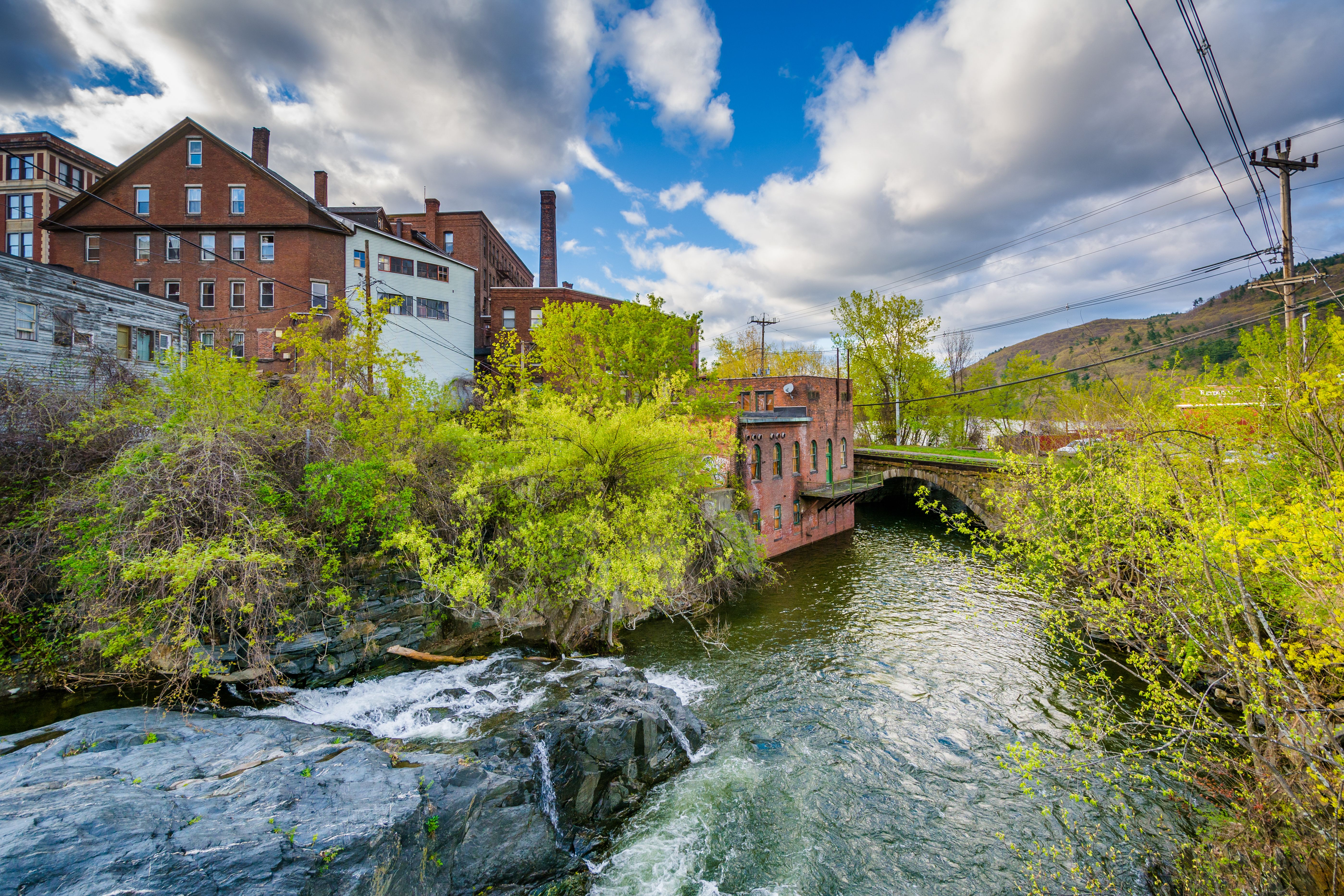 A river running through the town of Brattleboro, Vermont, USA