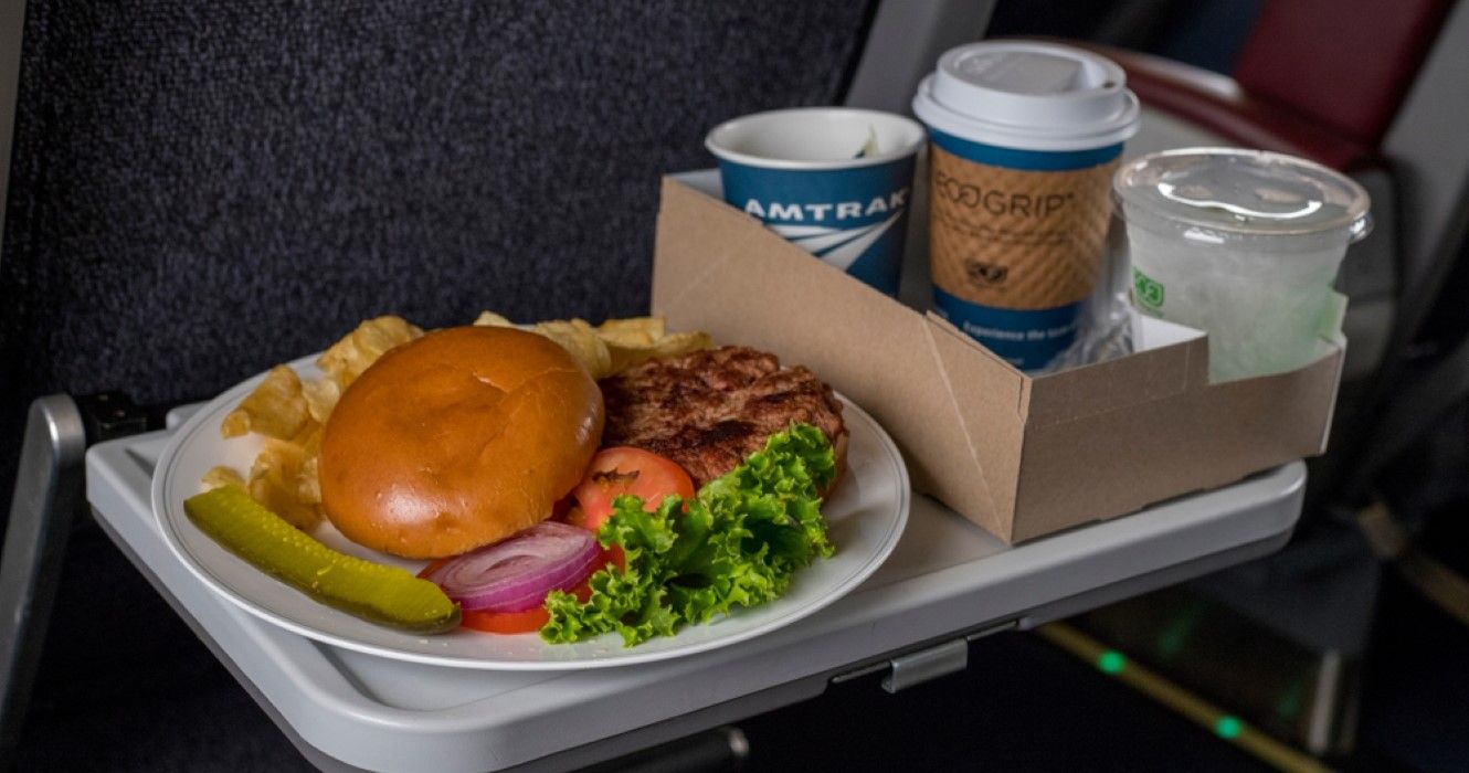 Burger meal with coffee served on Amtrak