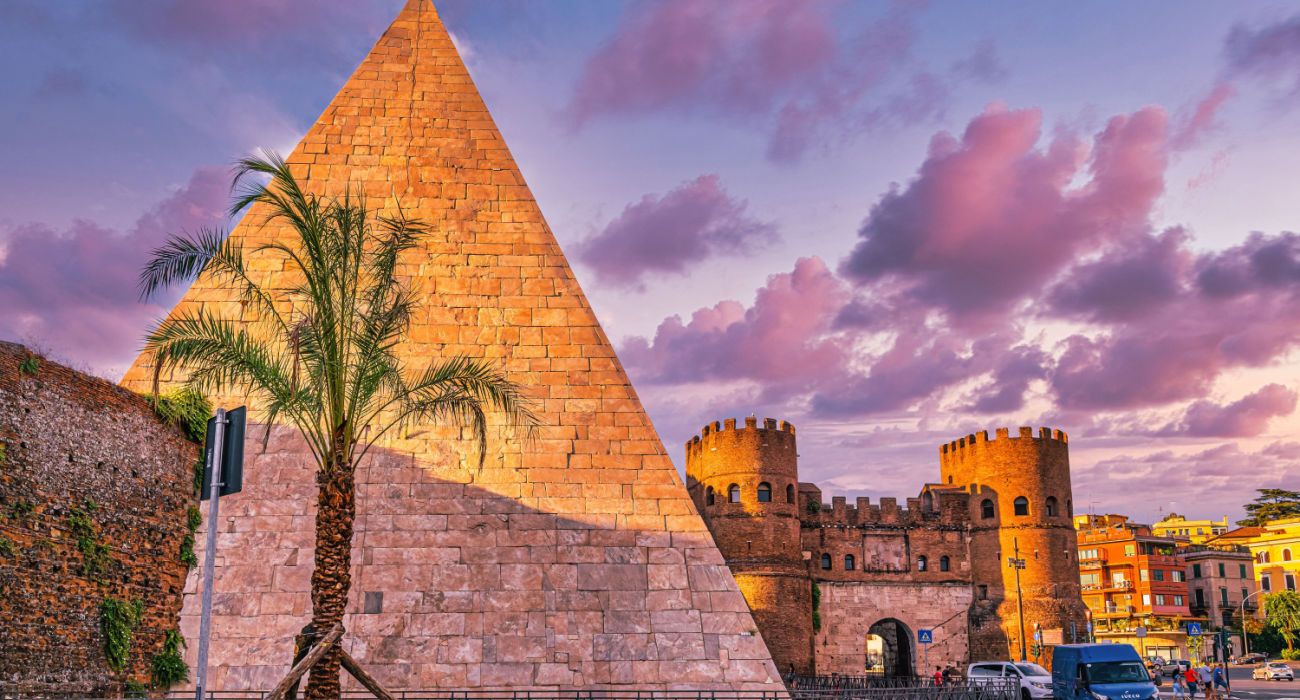 Cestia Pyramid in Rome at sunset