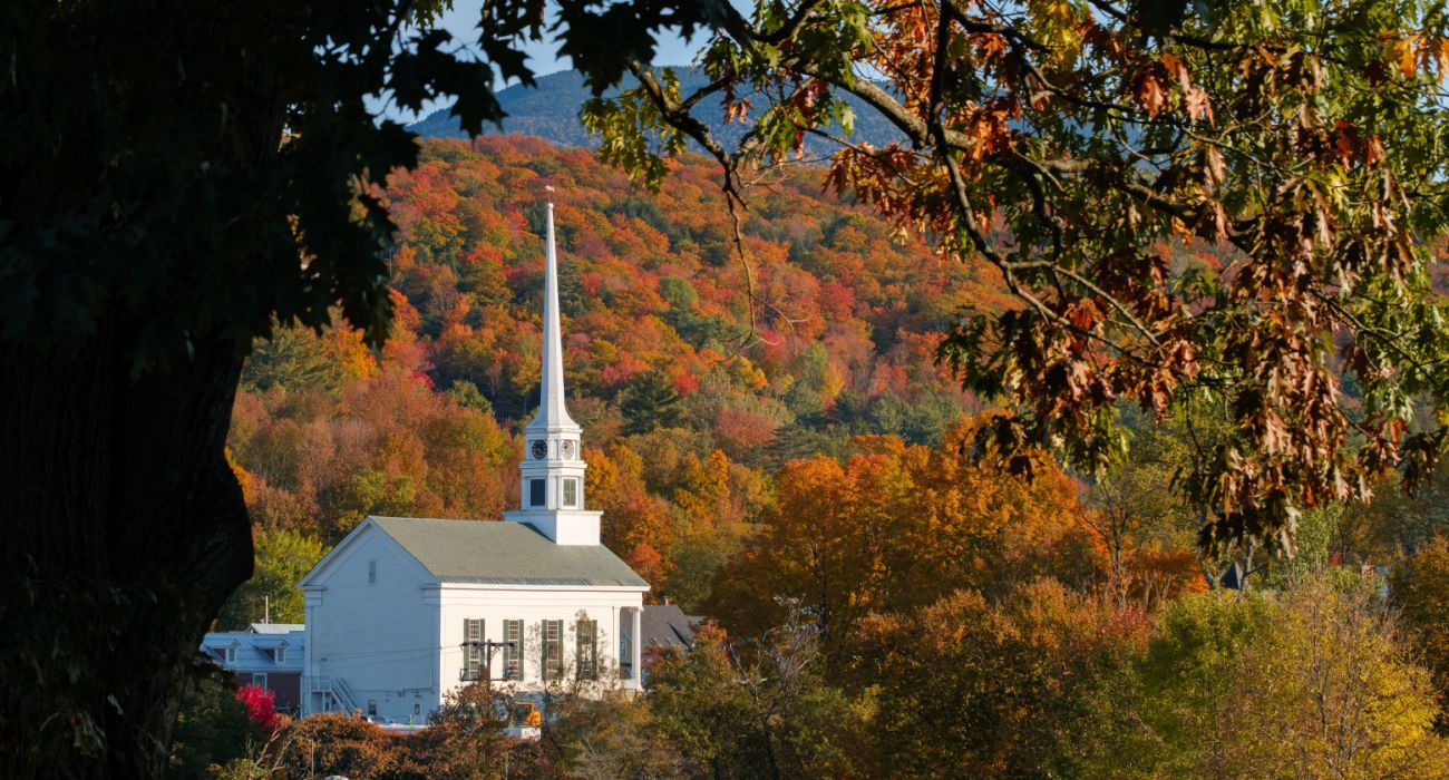 Church in Stowe, Vermont, framed by a tree