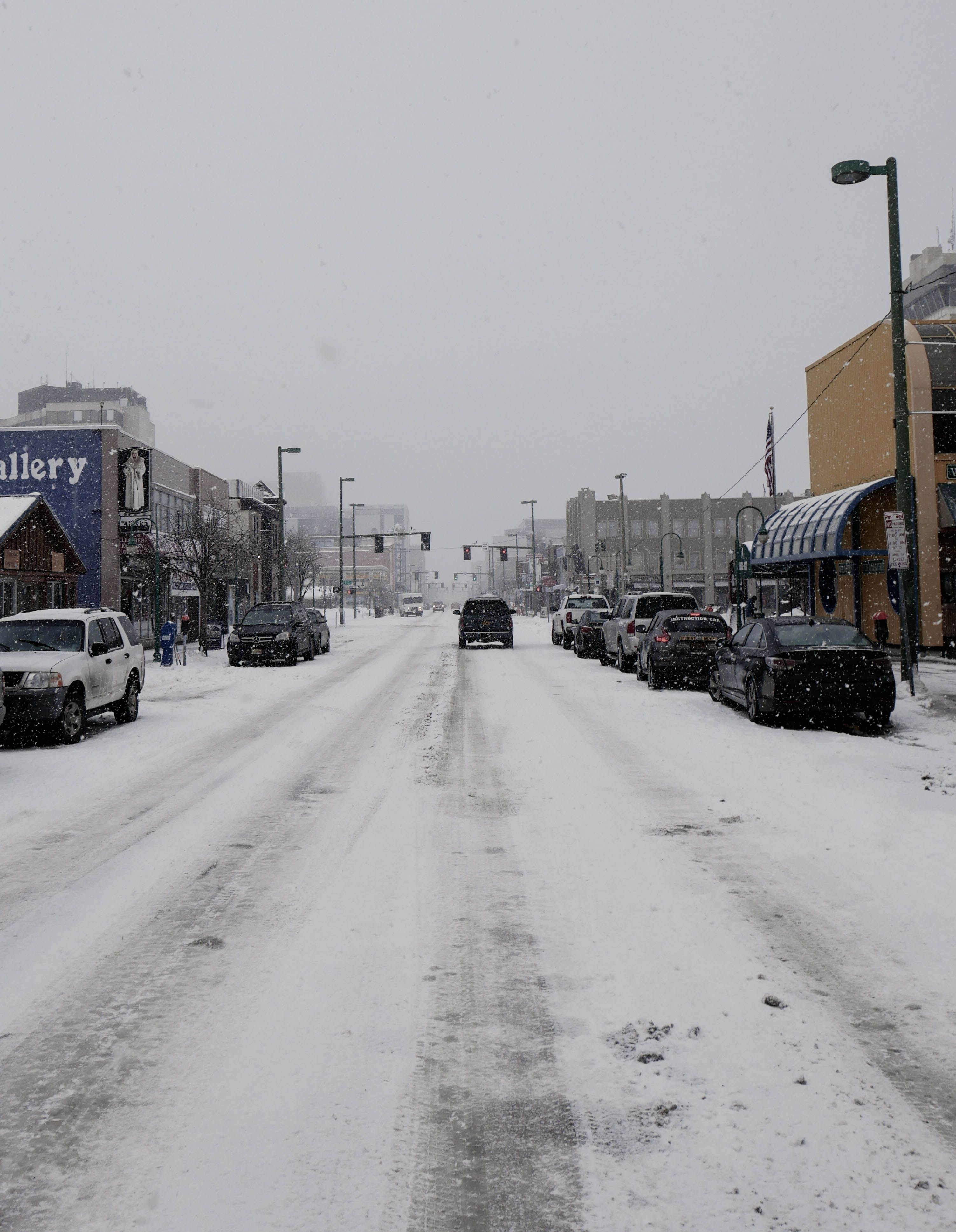 The snowy streets of downtown Anchorage, Alaska