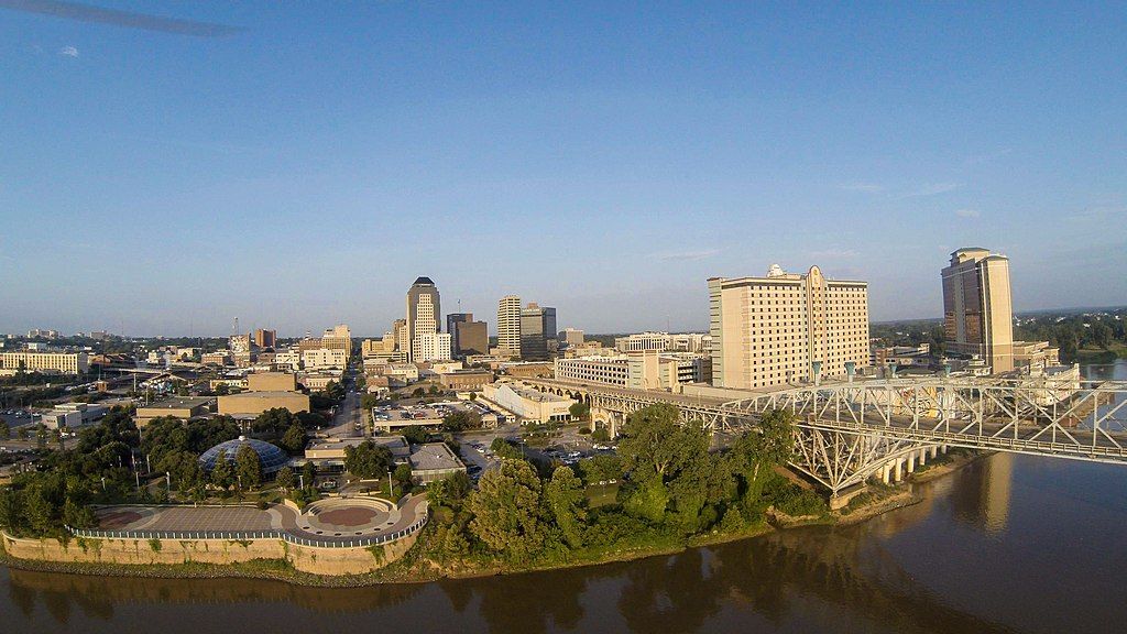 Downtown Shreveport Skyline on a clear day with green trees