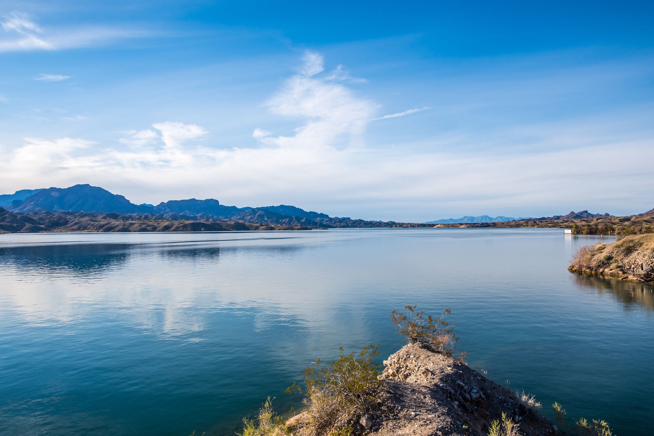 A serene view of a lake in Cattail Cove State Park, Lake Hasavu City, Arizona 