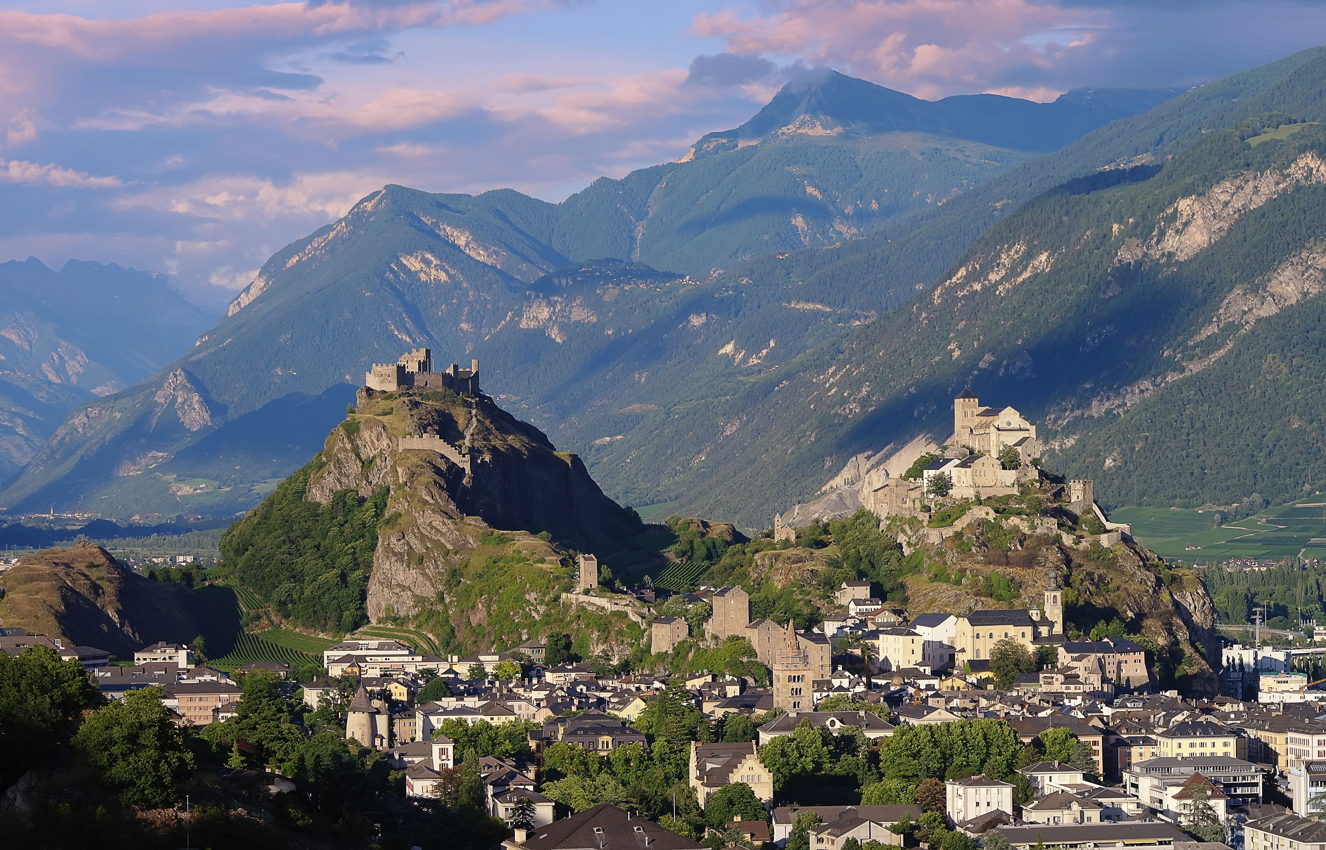 The medieval castles Valere and Tourbillon view from Sion