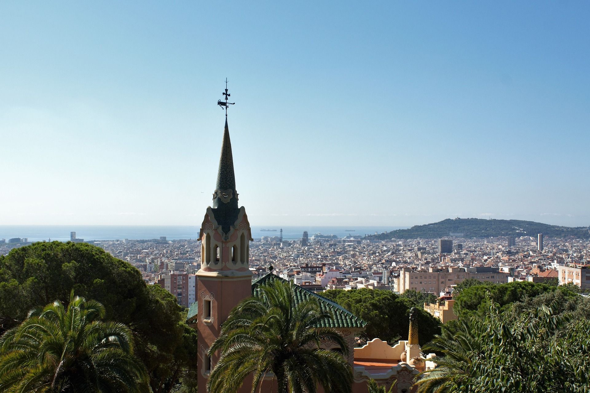 Scenic View Park Guell Barcelona Mediterranean Sea Houses
