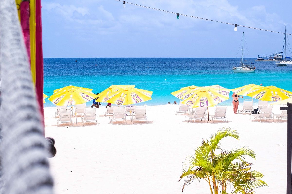 White Beach with umbrella chairs in Barbados