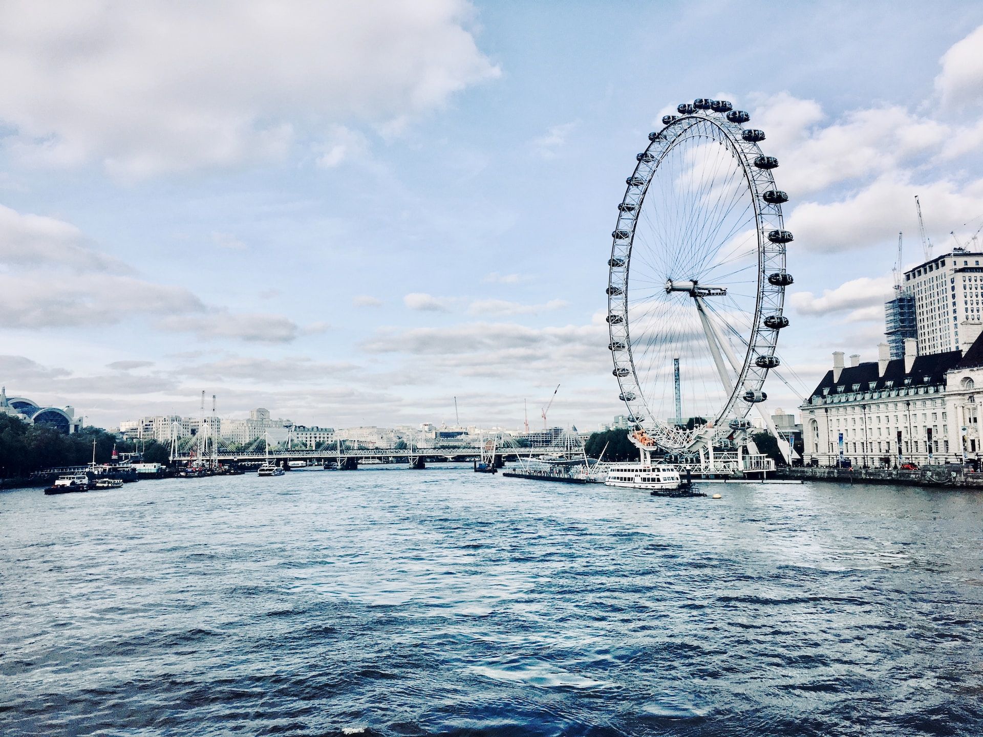 The London Eye towering above the South Bank of the River Thames.