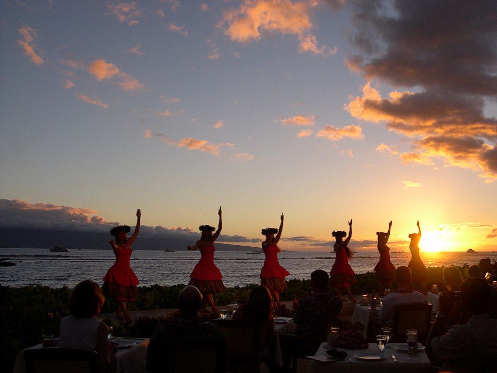 Luau dancers at sunset in Maui