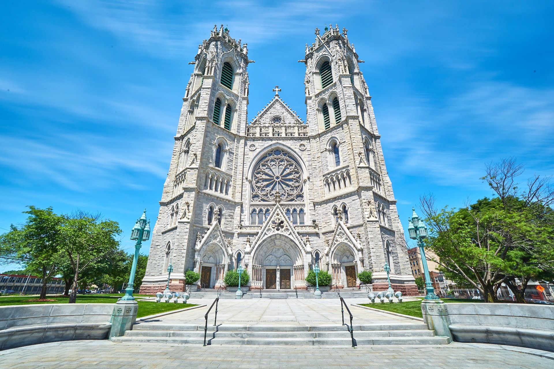 View of the front of the Cathedral Basilica of the Sacred Heart in Newark, New Jersey. 