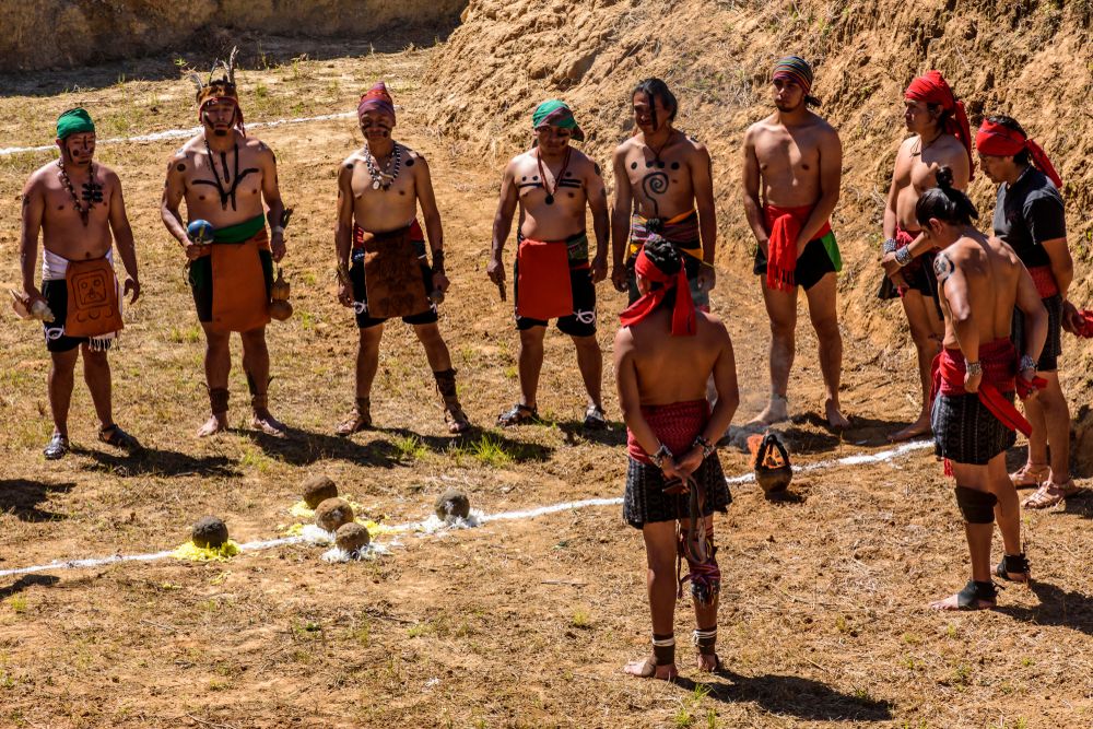 Maya men perform land blessing ceremony for new Maya ballgame court