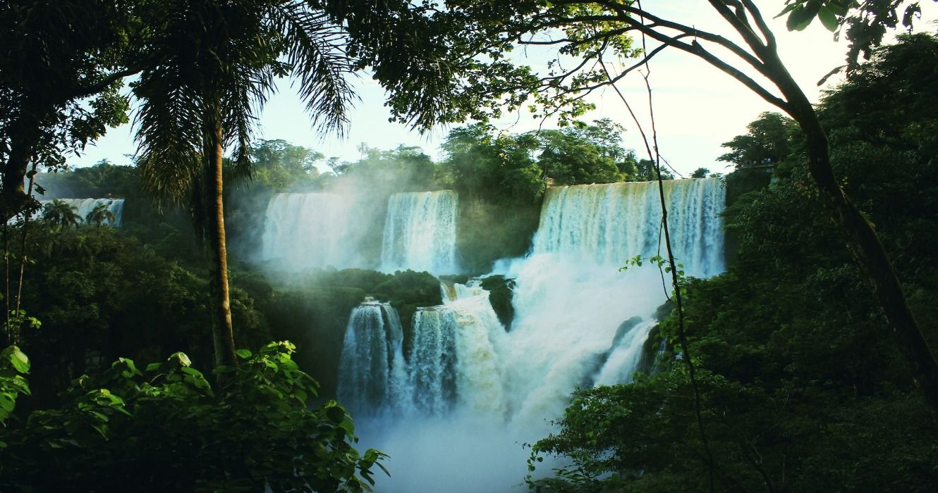 Cascading waterfalls in the jungle at Iguazu Falls in Argentina