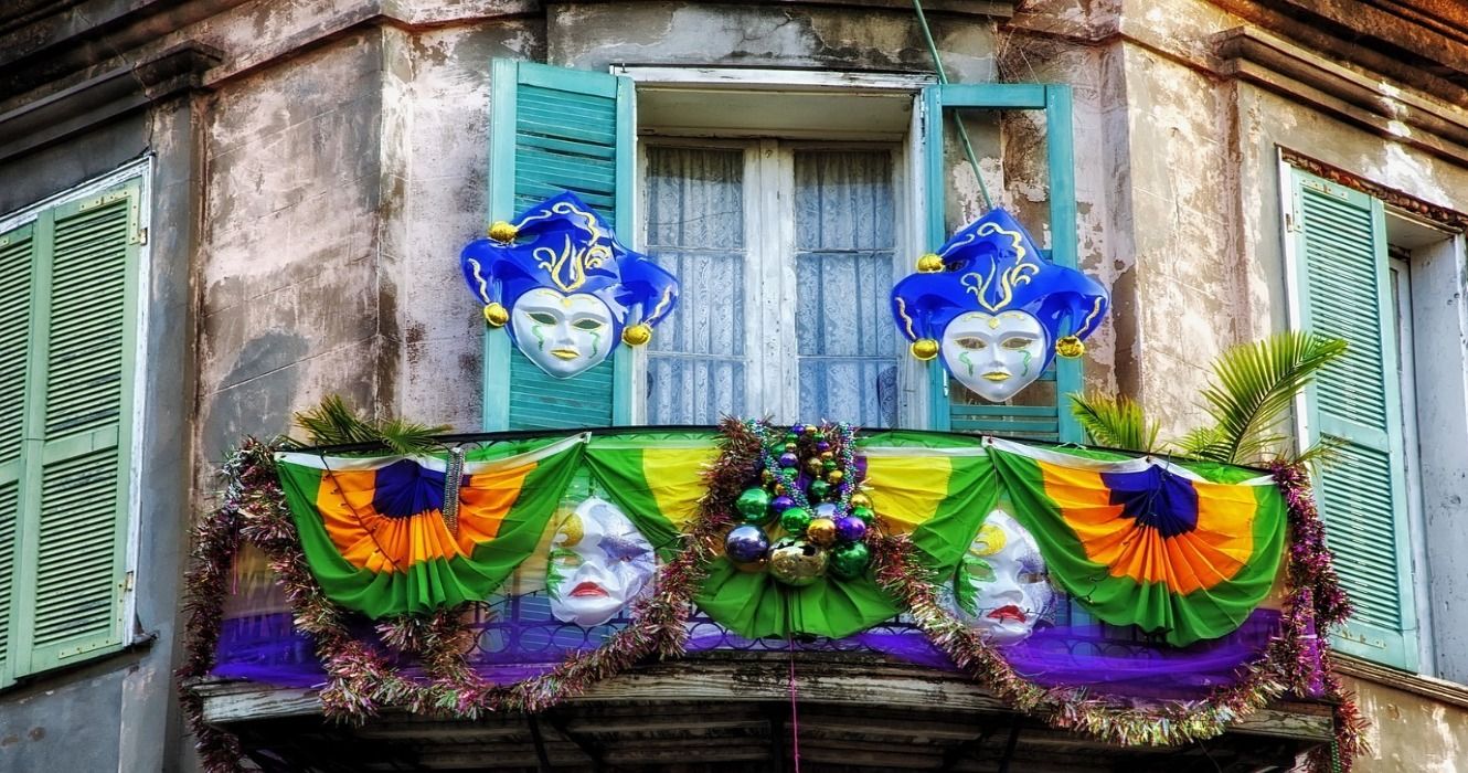 Mardi Gras masks hanging as decorations in New Orleans, Louisiana, USA
