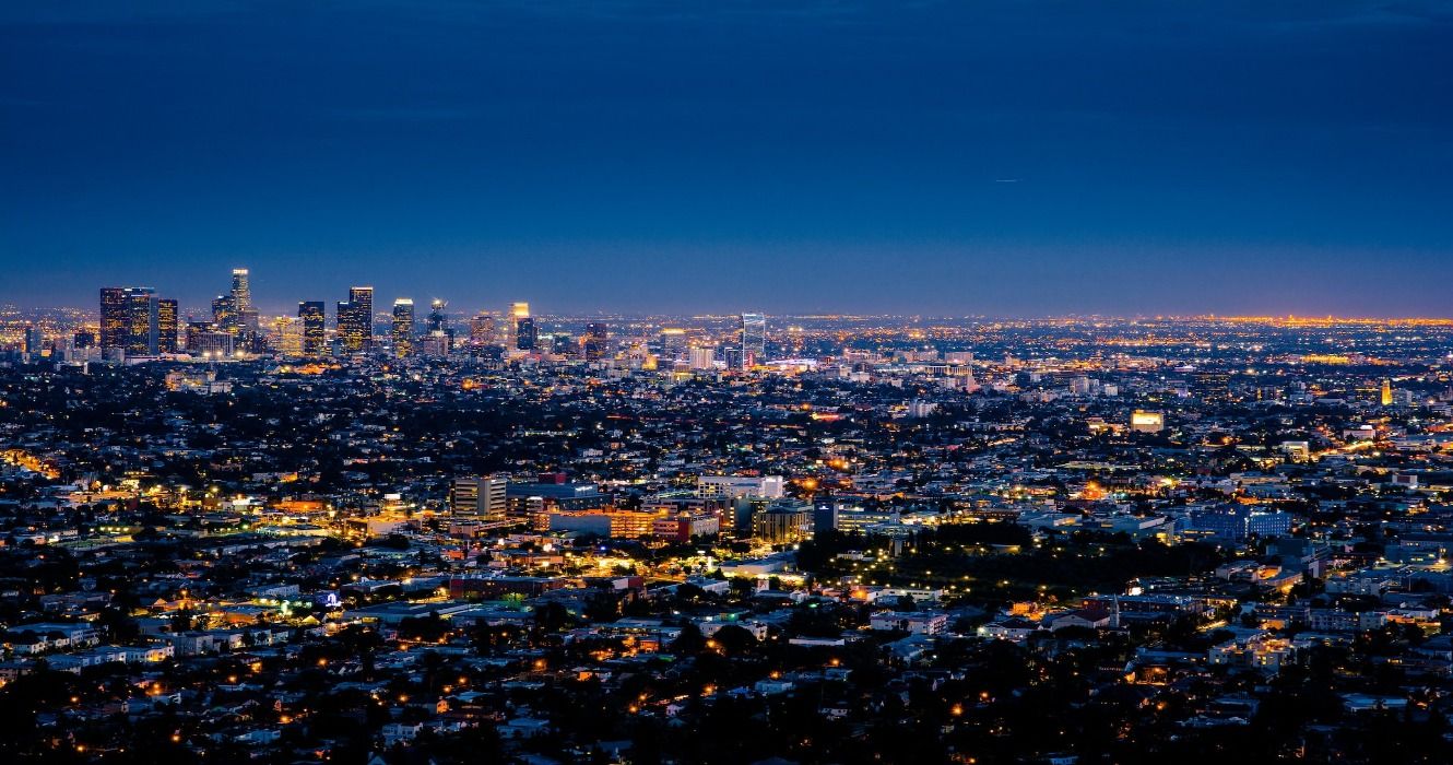 An aerial view of the Los Angeles city skyline at night
