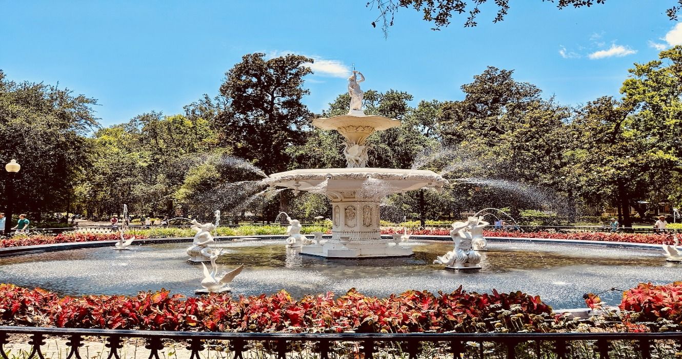 Famous Fountain In Forsyth Park In Savannah, Georgia, USA