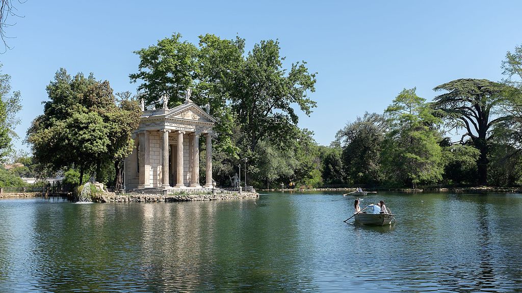 Temple d'Aesculapius in the Borghese Gardens in Rome overlooking the water