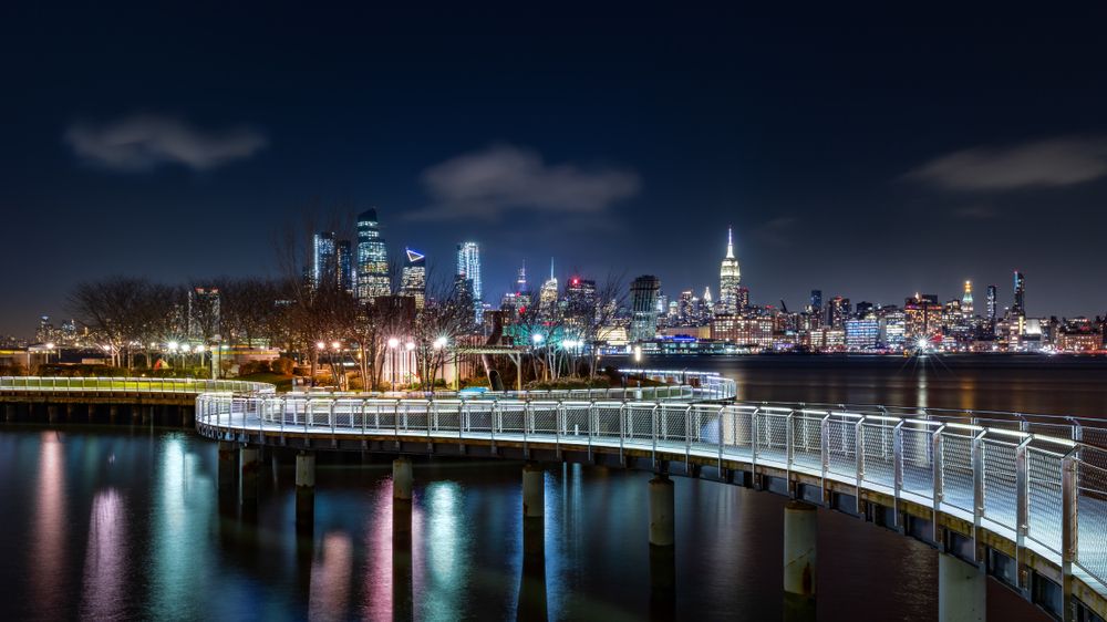 Night in Hoboken, New Jersey with views of New York City in the distance