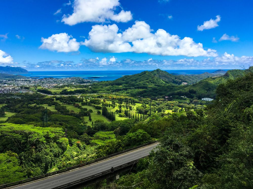 Pali Highway in Oahu with the ocean in the distance