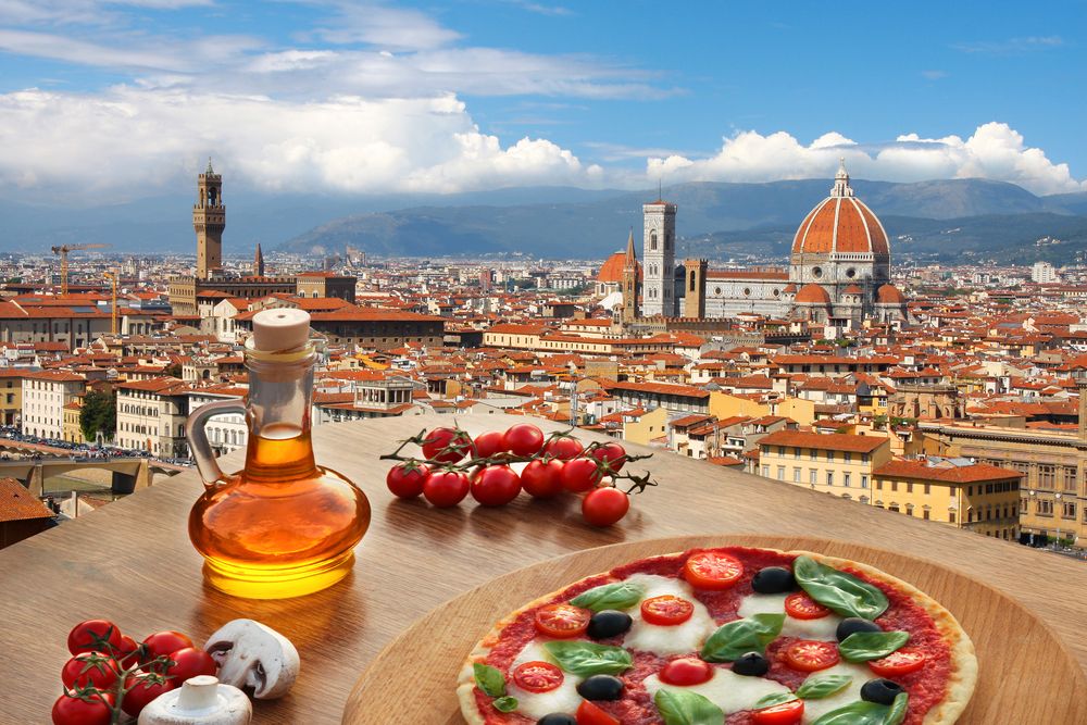 Florence with Cathedral and typical Italian pizza in Tuscany, Italy