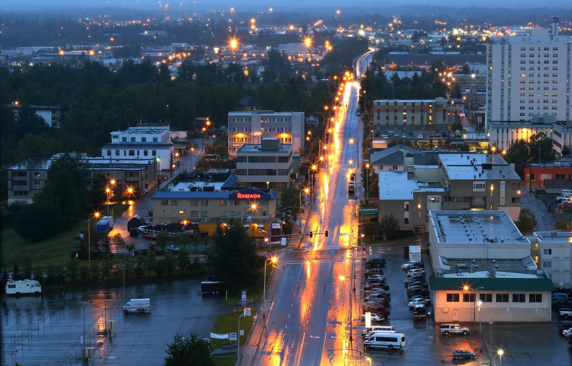 A dark and rainy day in Anchorage, Alaska, USA