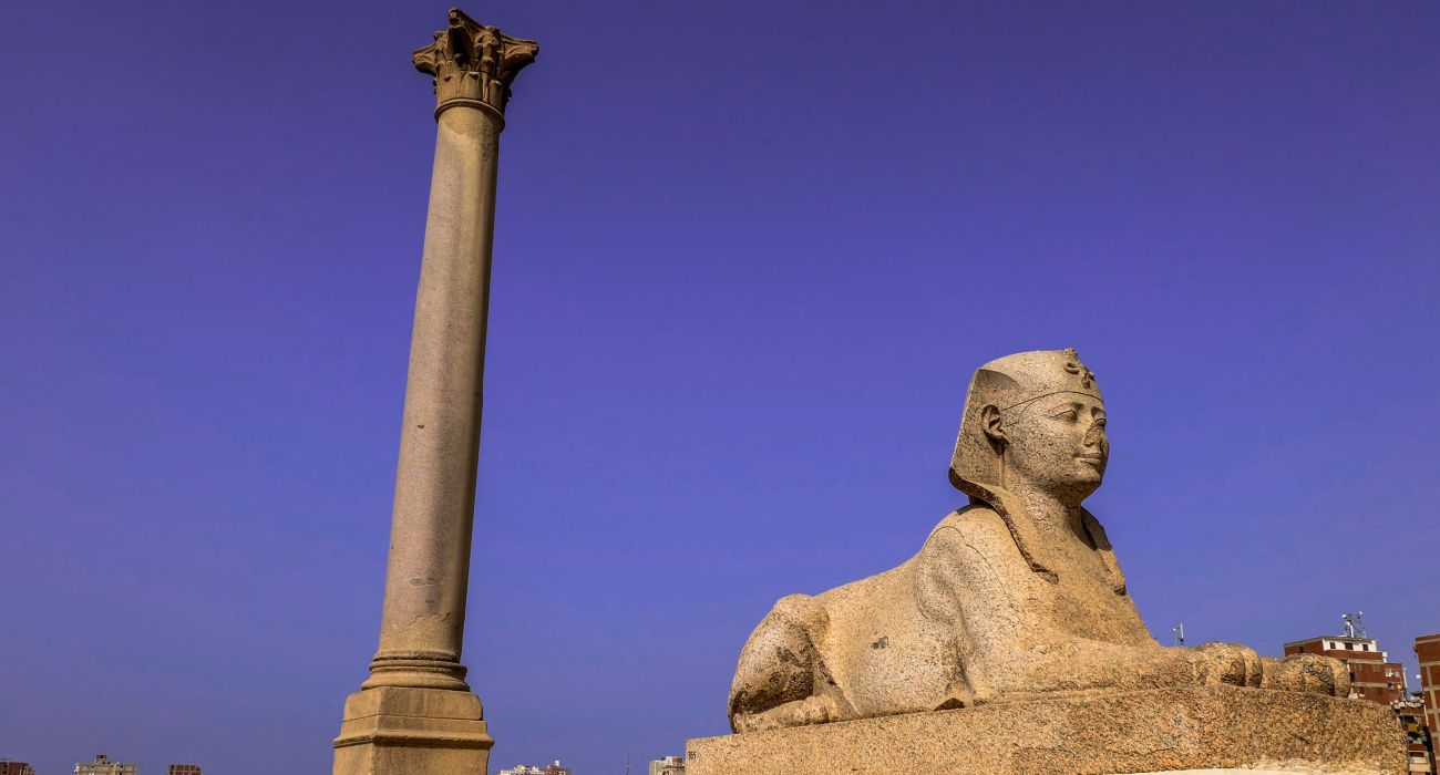 Sphinx and Pompey's Pillar in Alexandria, Egypt