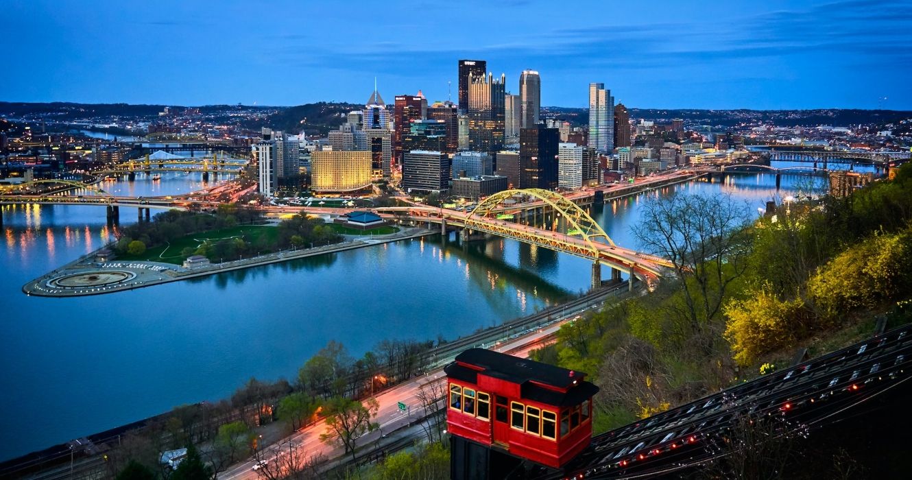 A view of Pittsburg, Pennsylvania, at night with the Duquesne Incline in the foreground