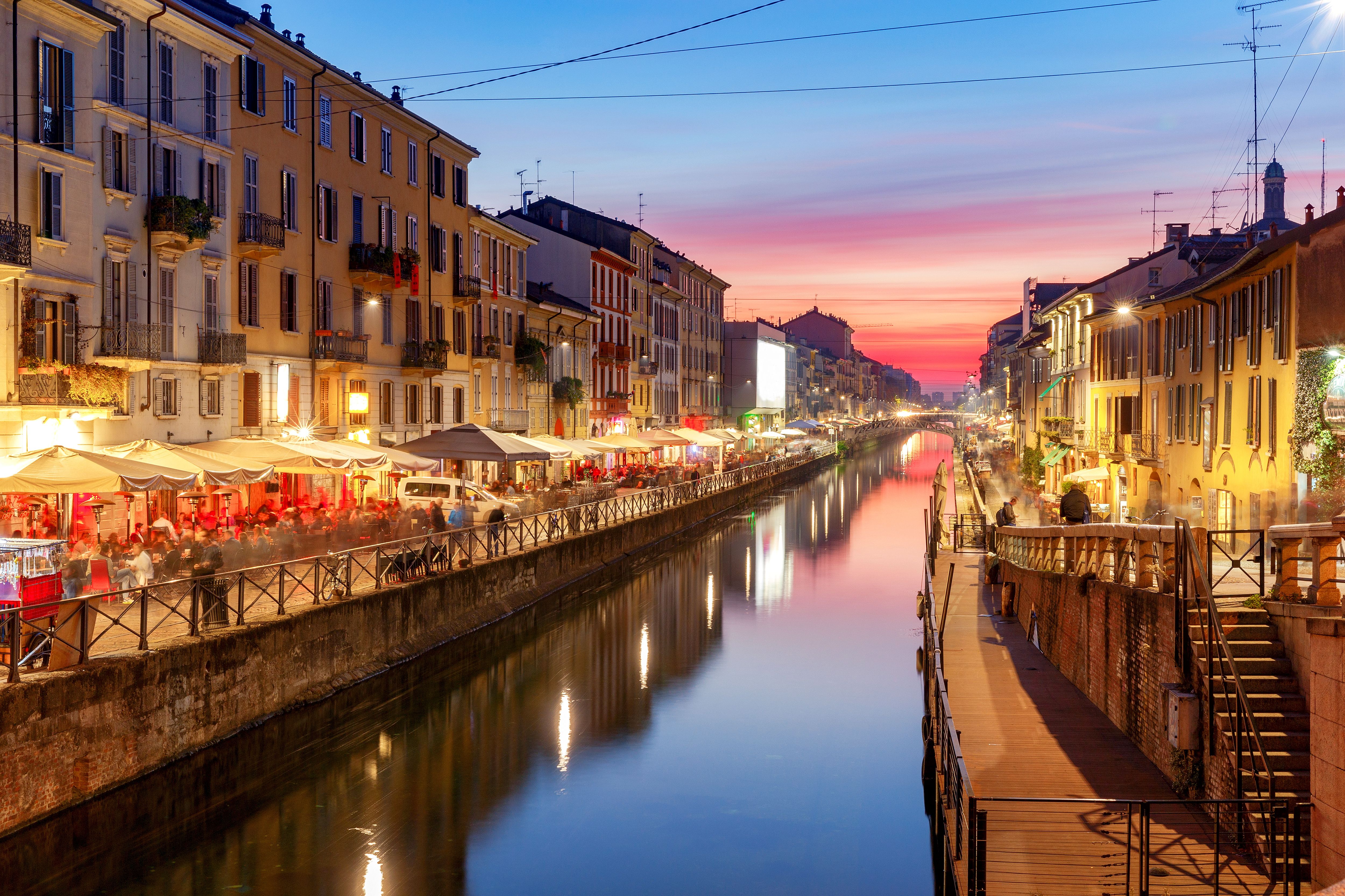 A popular dining spot in Milan - Canal Naviglio Grande at sunset.