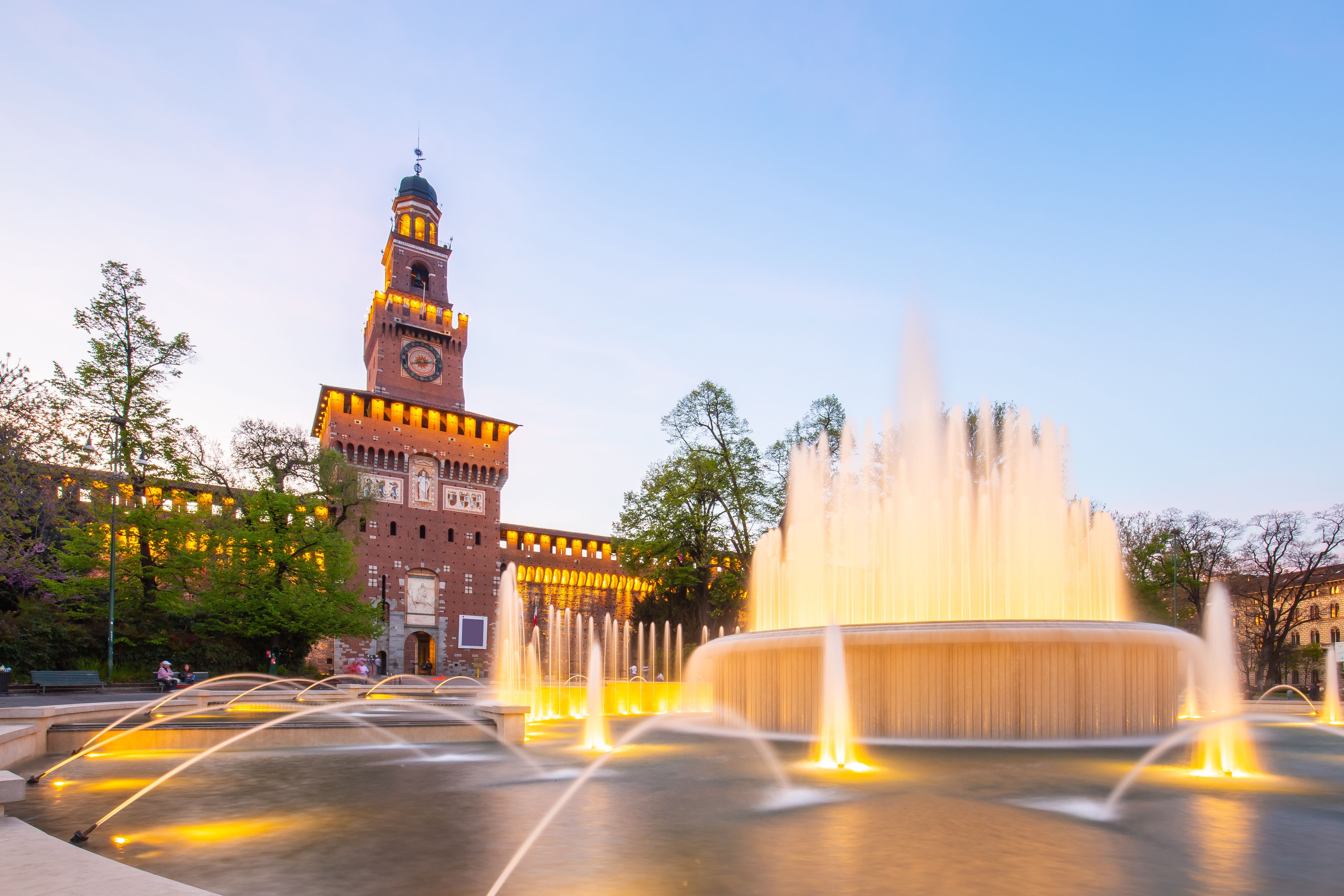 A water fountain n front of Sforza Castle in Milan, Italy