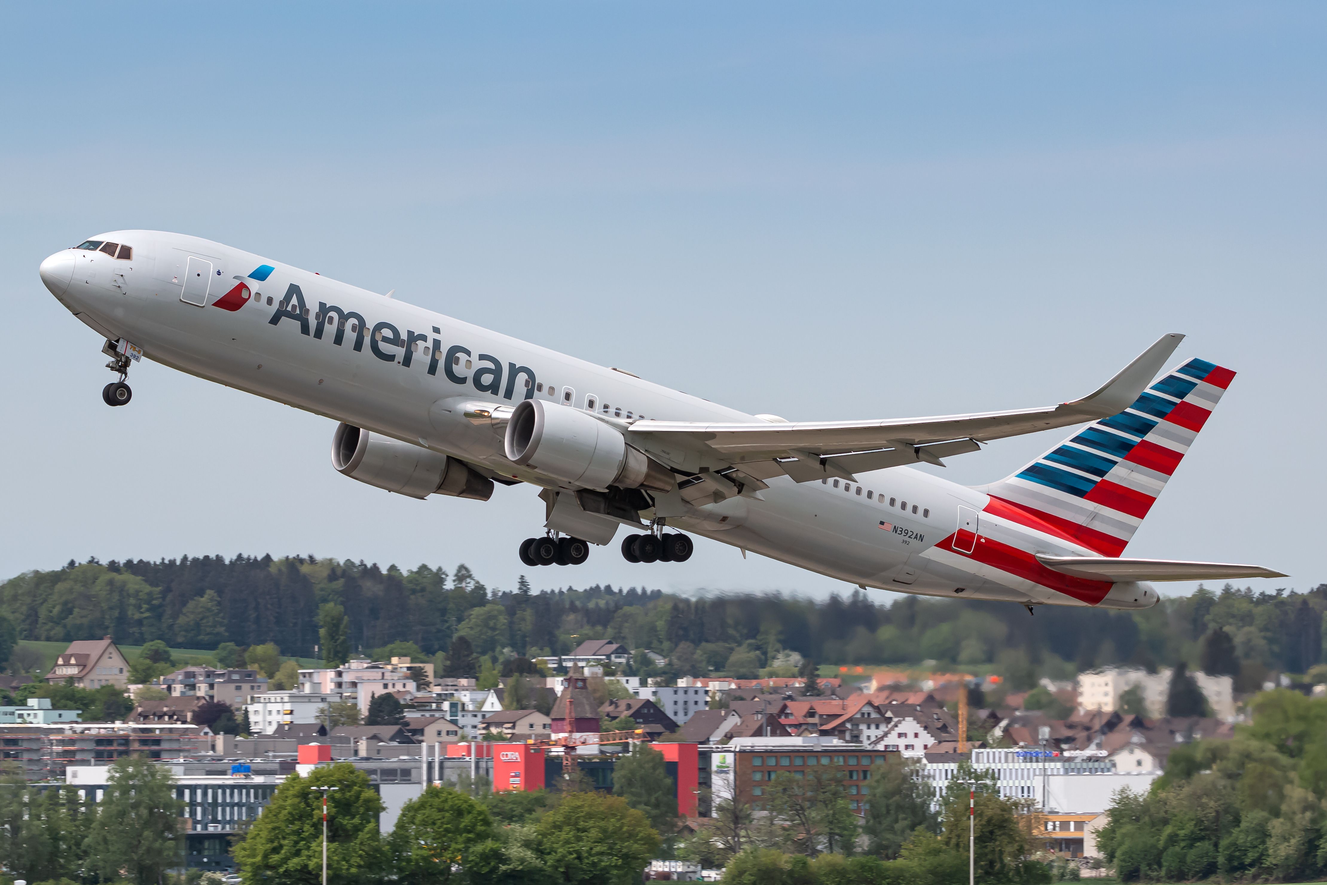 American Airlines Boeing 767 airplane at Zurich airport ZRH in Switzerland.