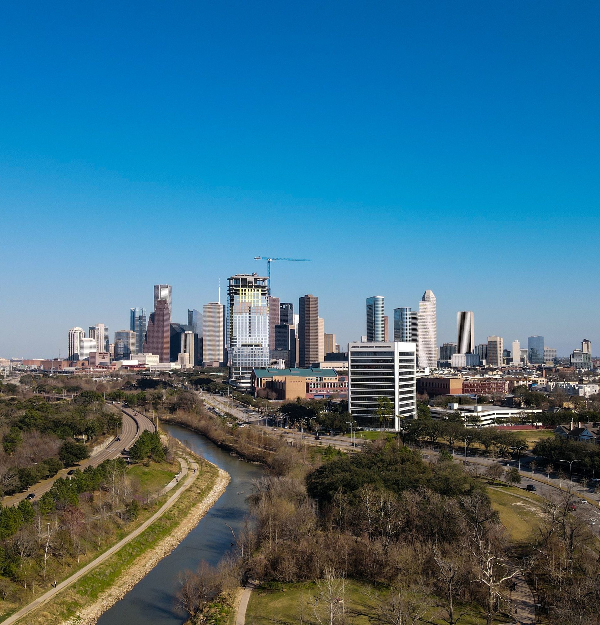 Aerial view of Buffalo Bayou Park in Houston
