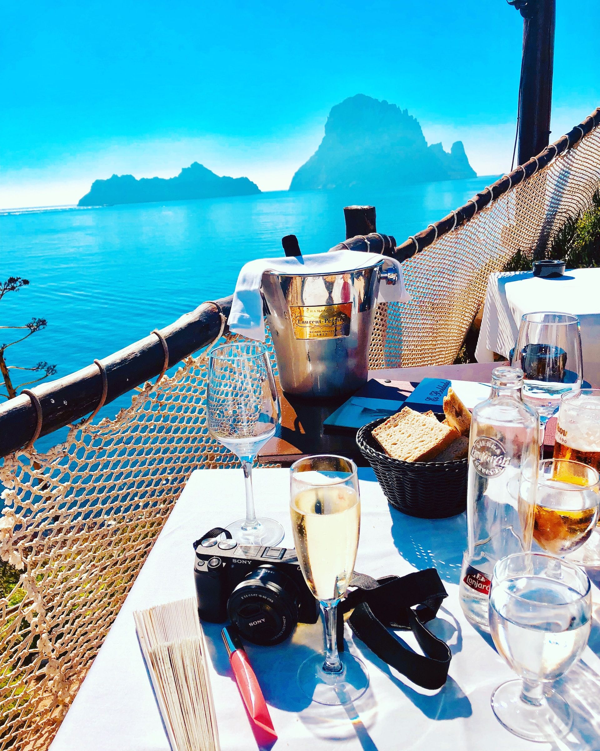 Array of drinks on the water in Ibiza