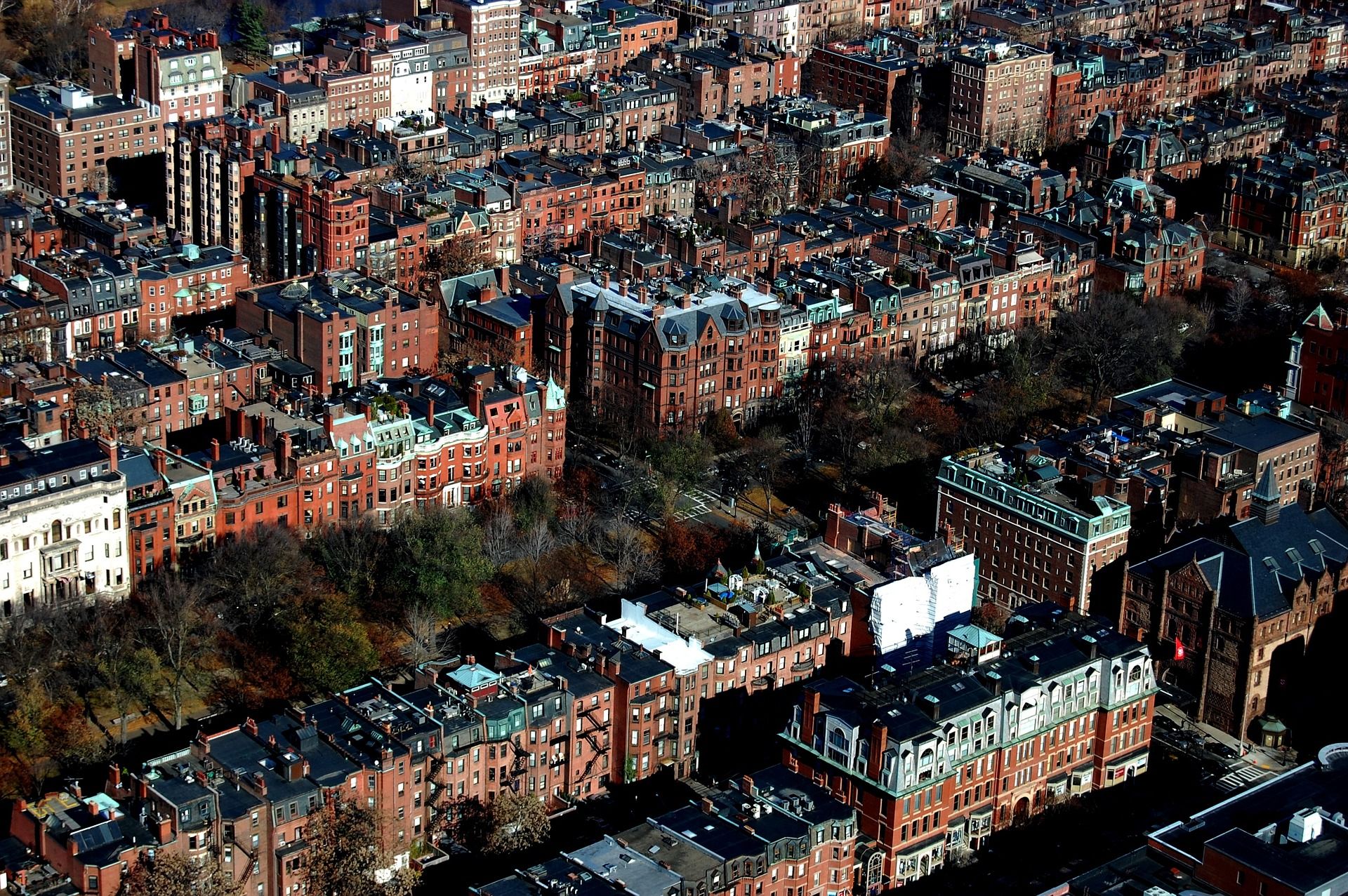brownstone homes in Boston aerial view
