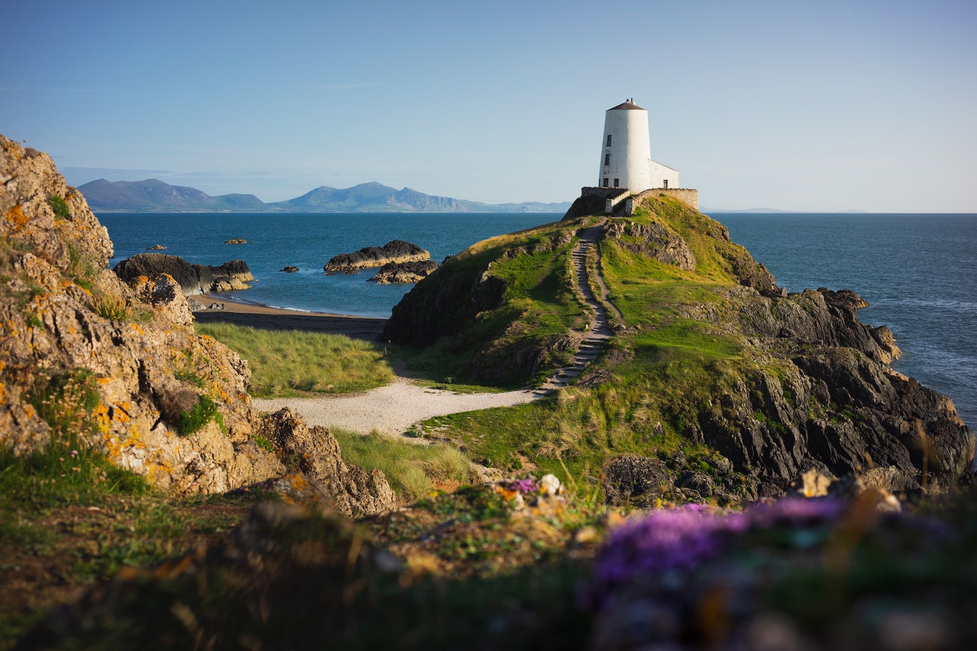 The white lighthouse, Ynys Llanddwyn, Wales Coast Path, Wales, United Kingdom