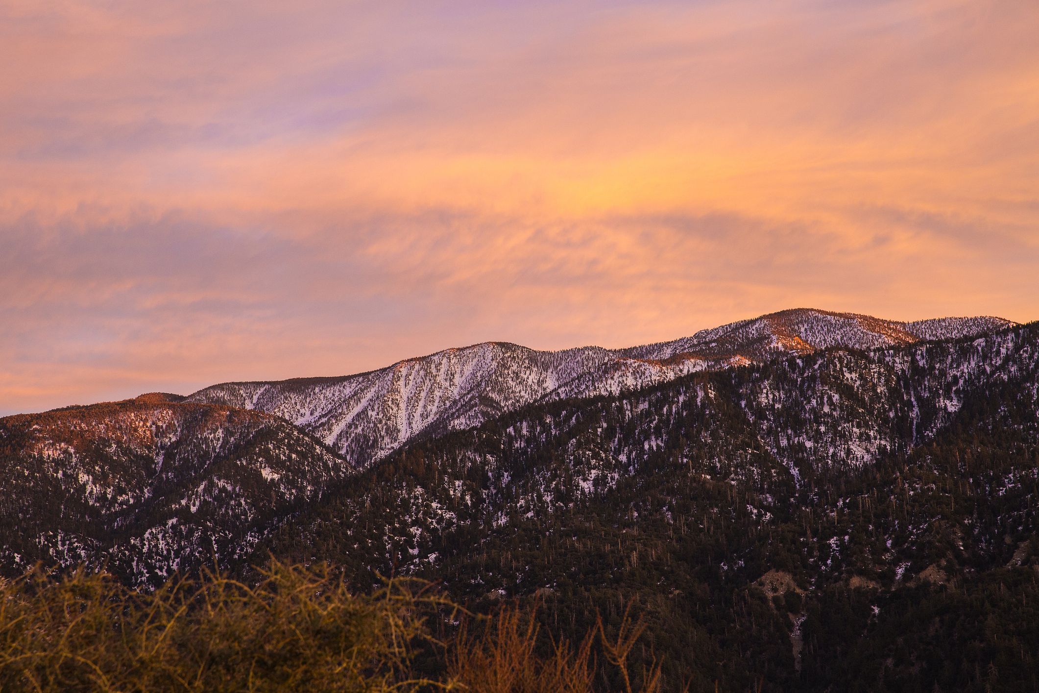 Sunset overlooking snowy mountains with some grass at the bottom