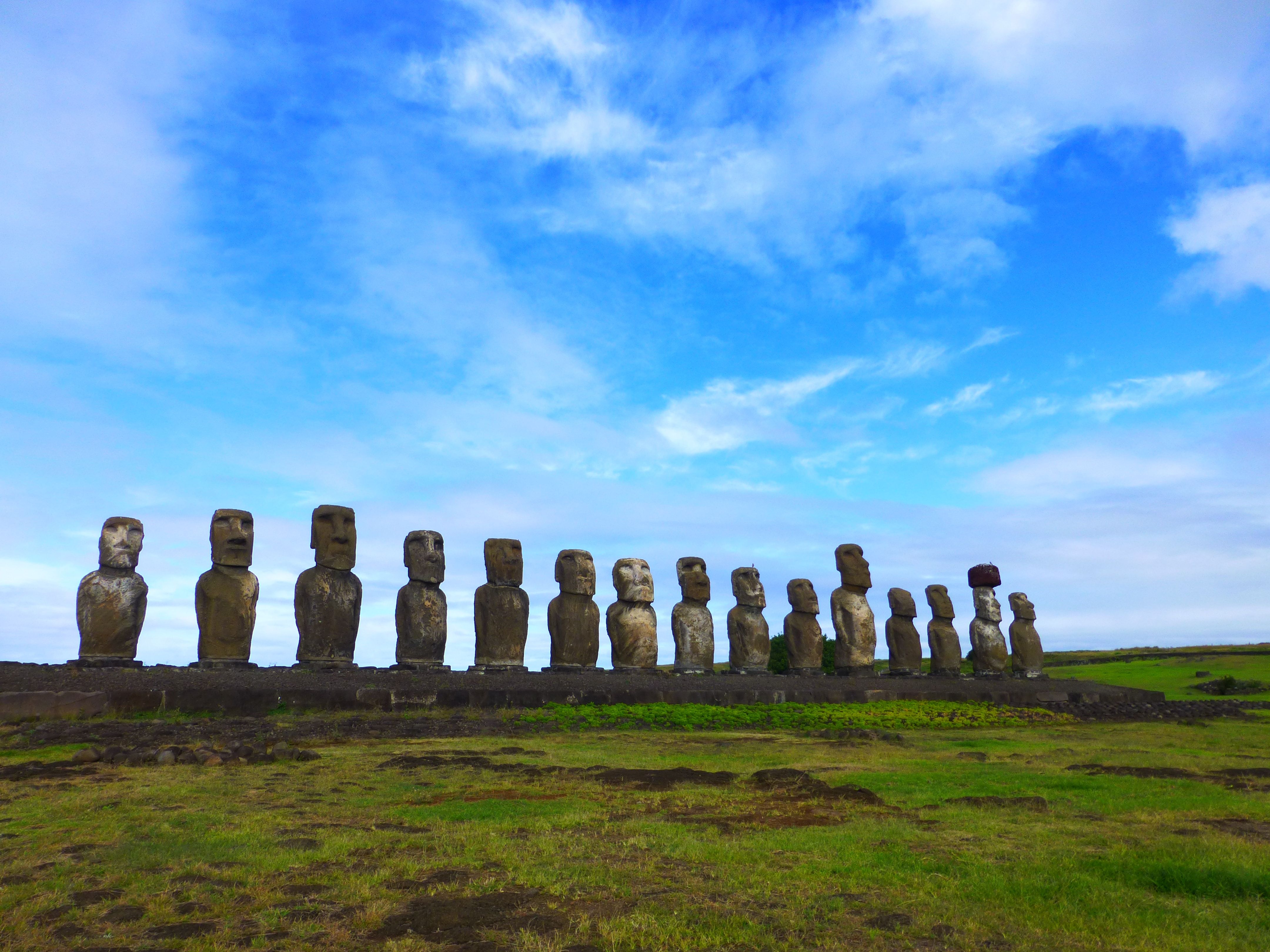Row of Moai statues on Easter Island, Chile 
