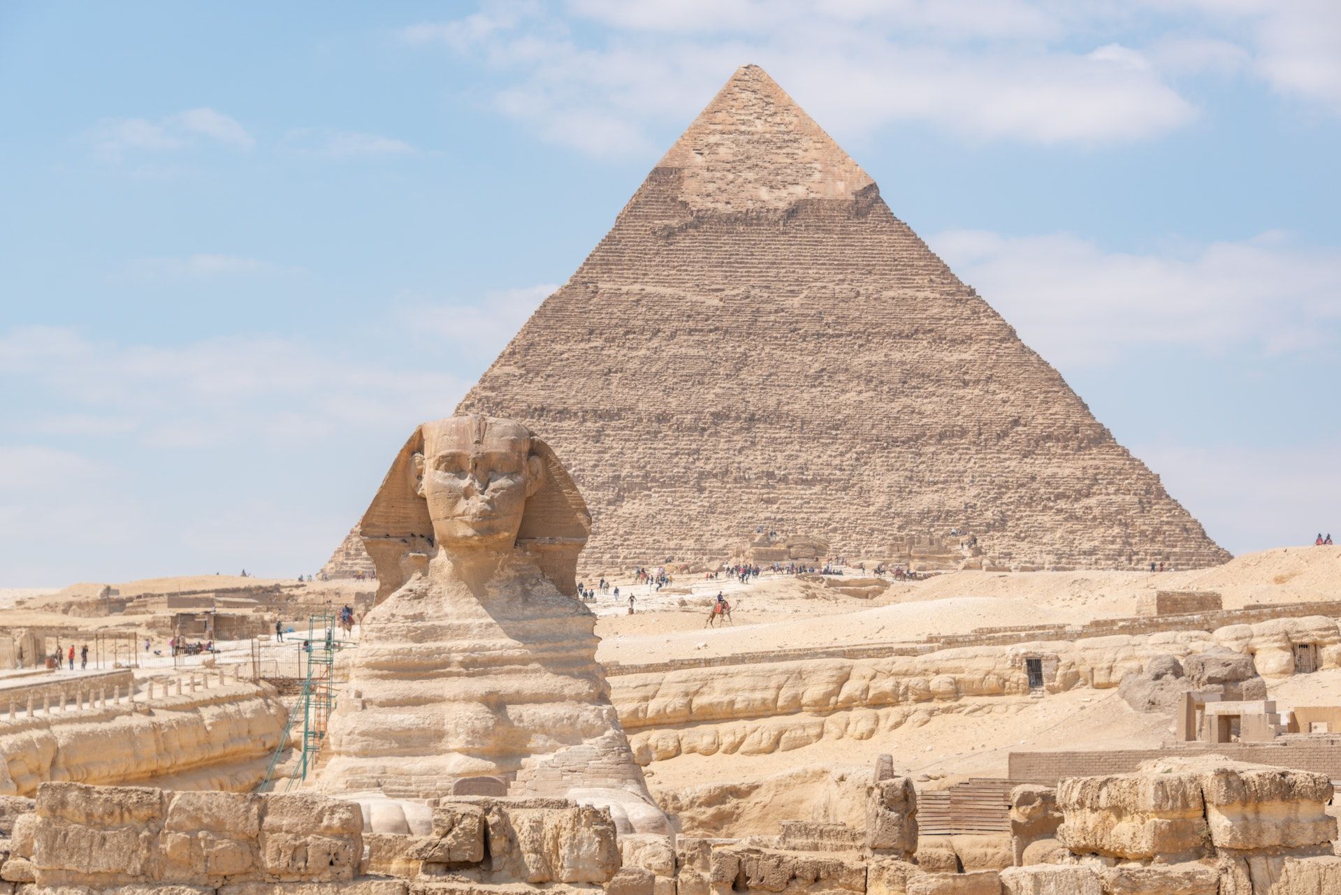 The regal Great Sphinx of Giza is located in the Giza Plateau on the west bank of the Nile.