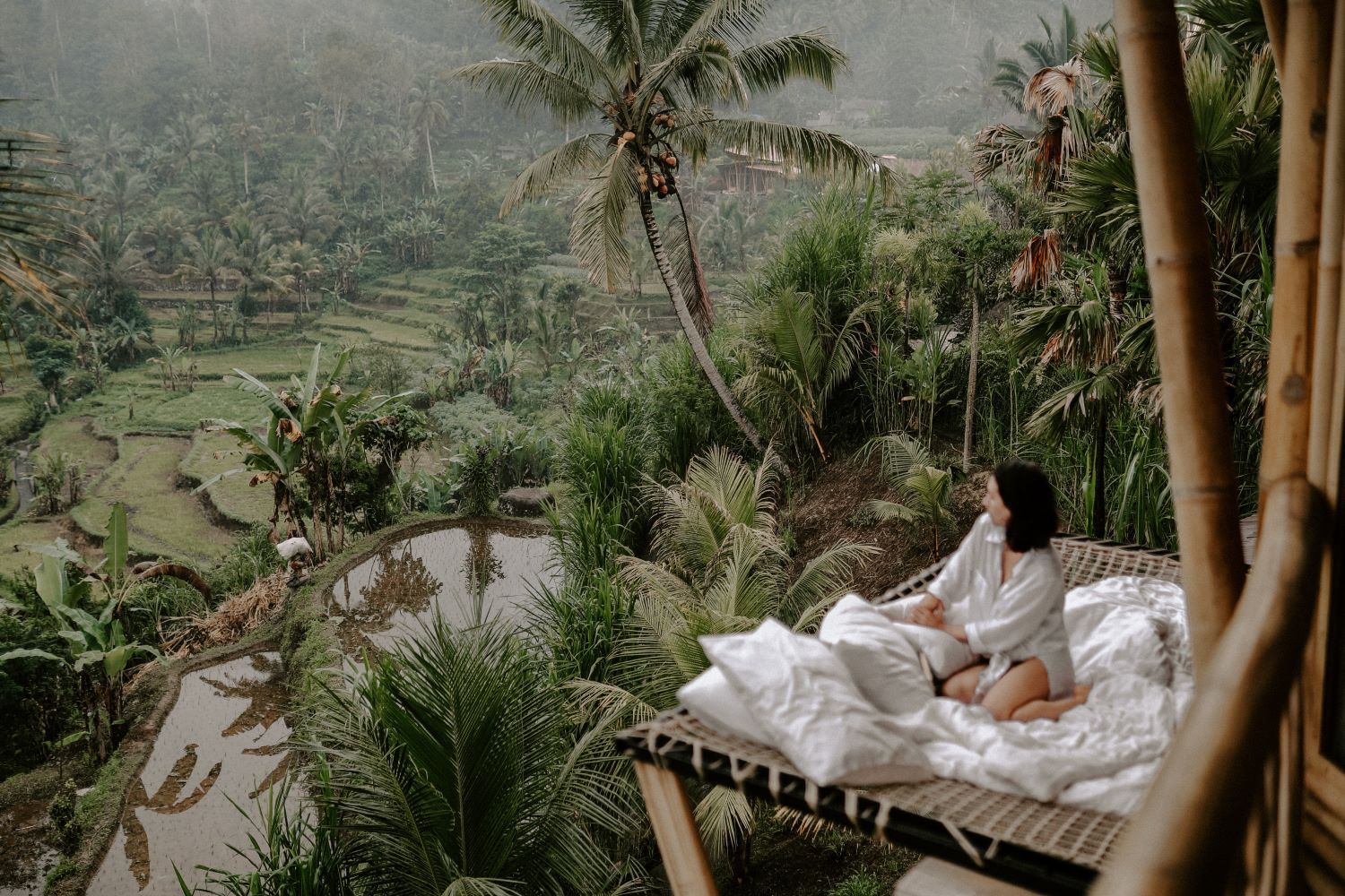 A guest at a hotel in Bali, Indonesia, surrounded by jungle, palm trees and rice fields.