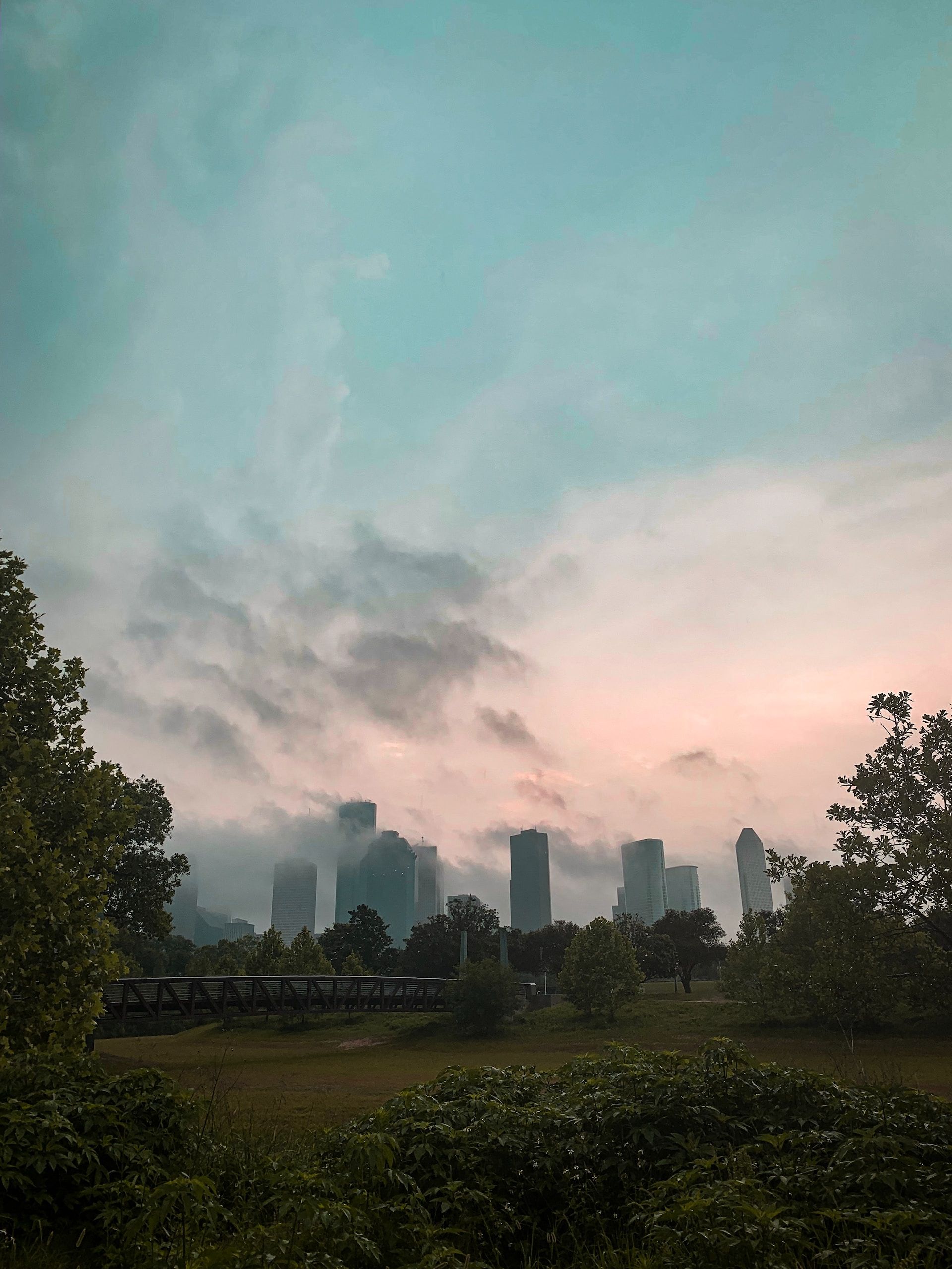 Houston Texas skyline on a foggy morning