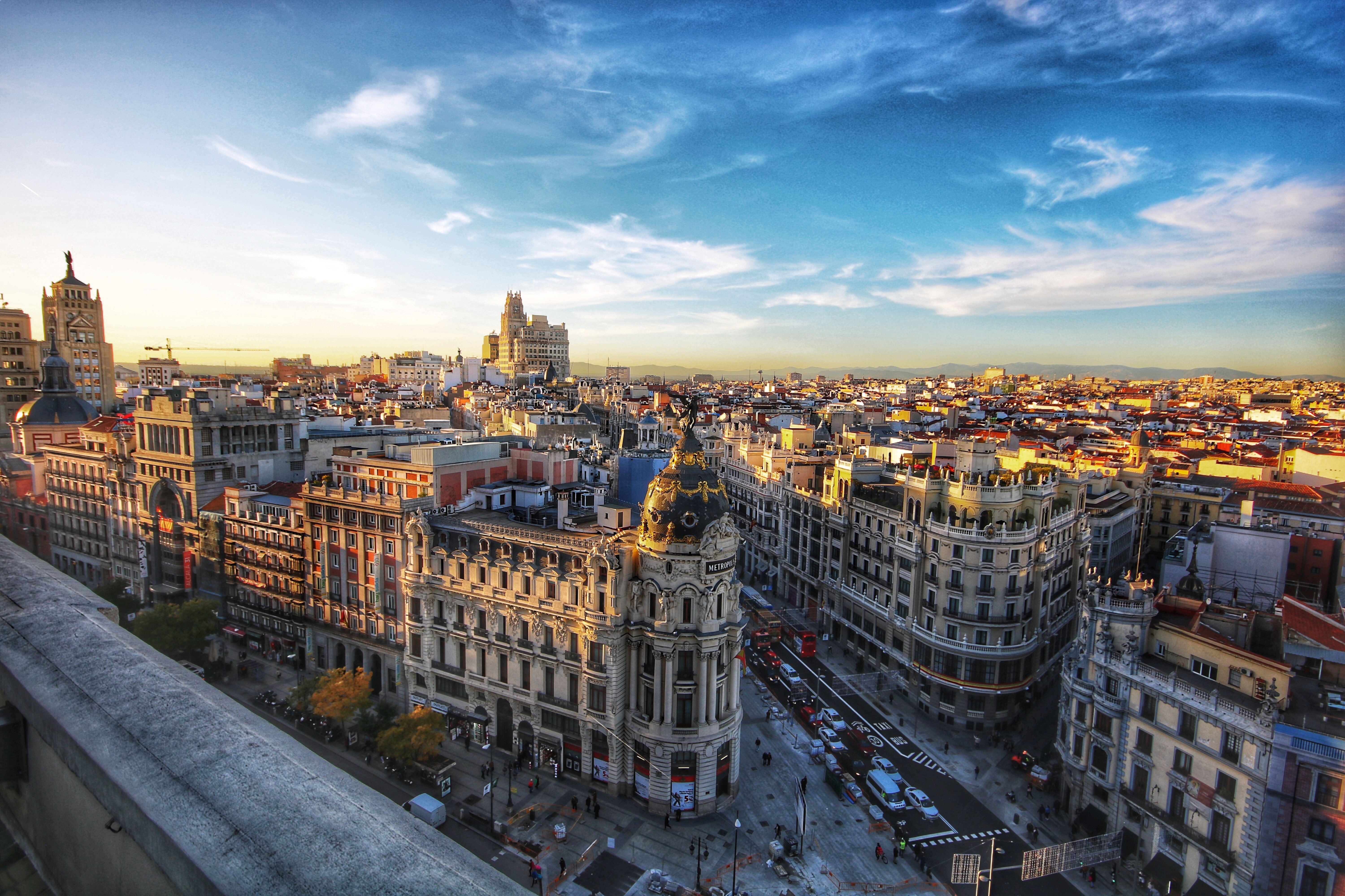 Aerial view of Madrid's buildings and busy streets 