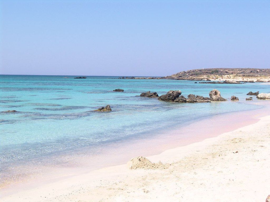 Elafonissi Beach, Crete, Greece, with teal water and pink sands
